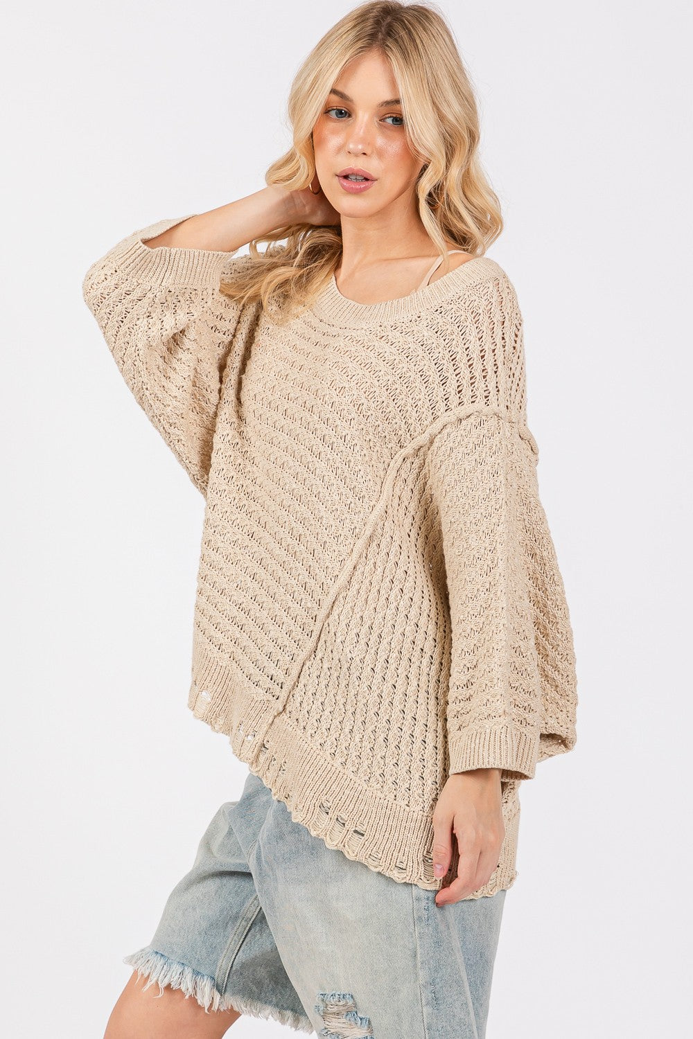 SAGE + FIG Distressed Asymmetrical Open Stitch Sweater - Charming Charlie