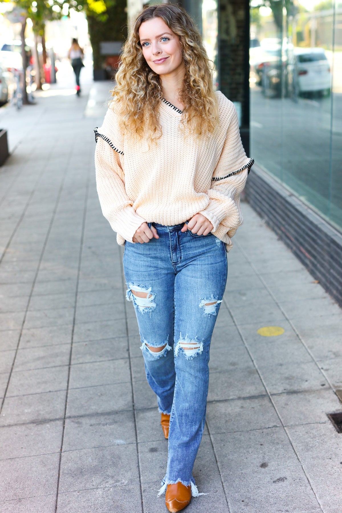 The Perfect Day Oatmeal Notched Neck Contrast Stitch Knit Hoodie - Charming Charlie
