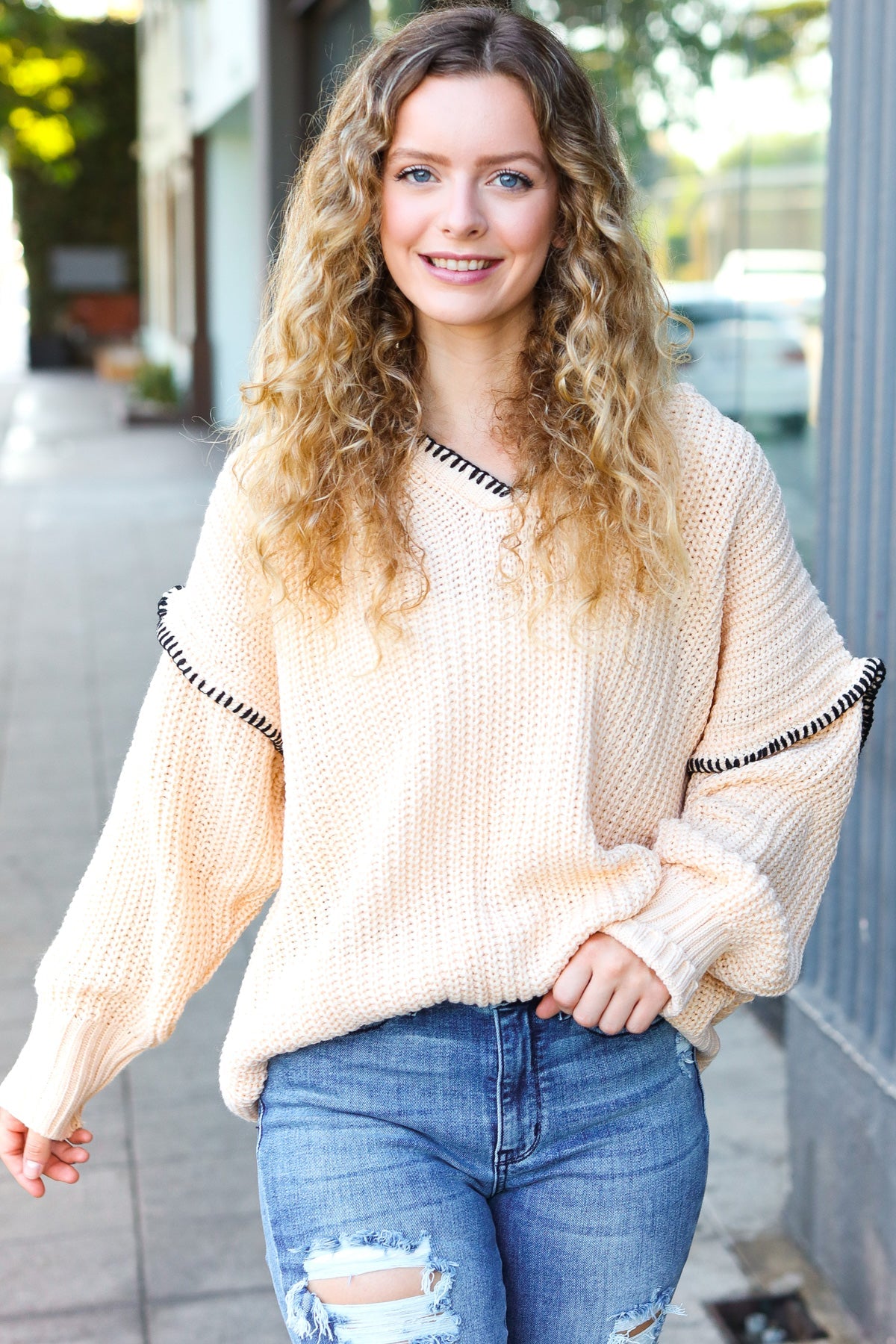 The Perfect Day Oatmeal Notched Neck Contrast Stitch Knit Hoodie - Charming Charlie