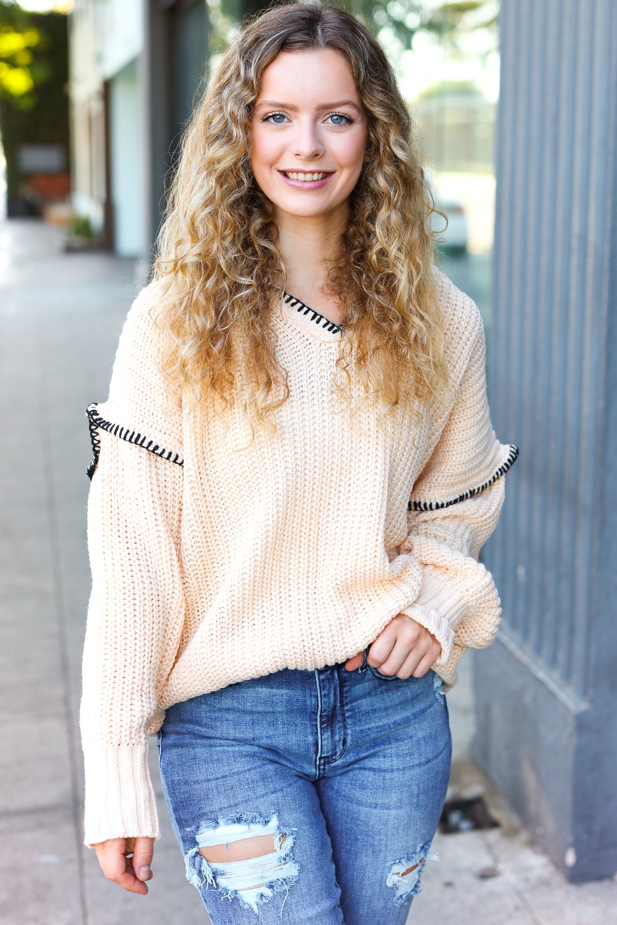 The Perfect Day Oatmeal Notched Neck Contrast Stitch Knit Hoodie - Charming Charlie