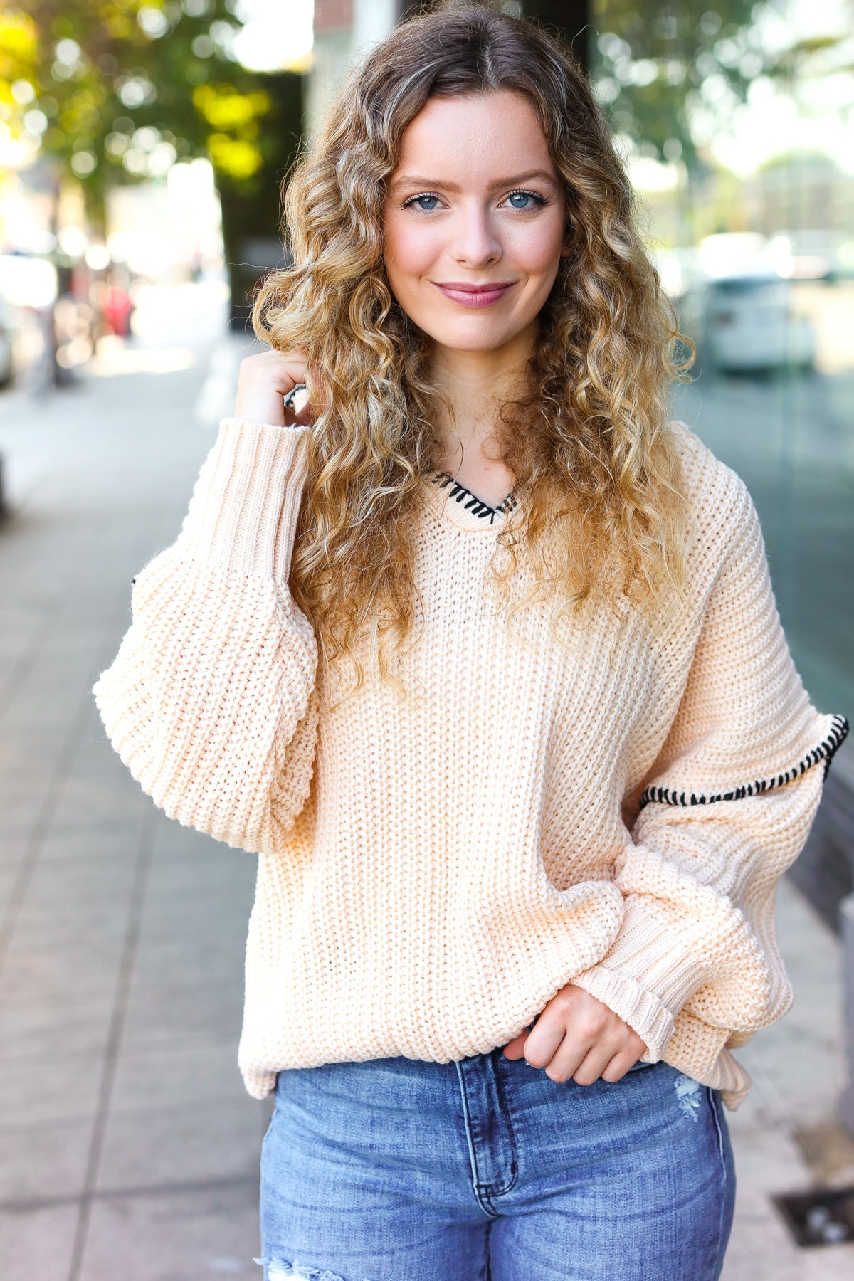 The Perfect Day Oatmeal Notched Neck Contrast Stitch Knit Hoodie - Charming Charlie