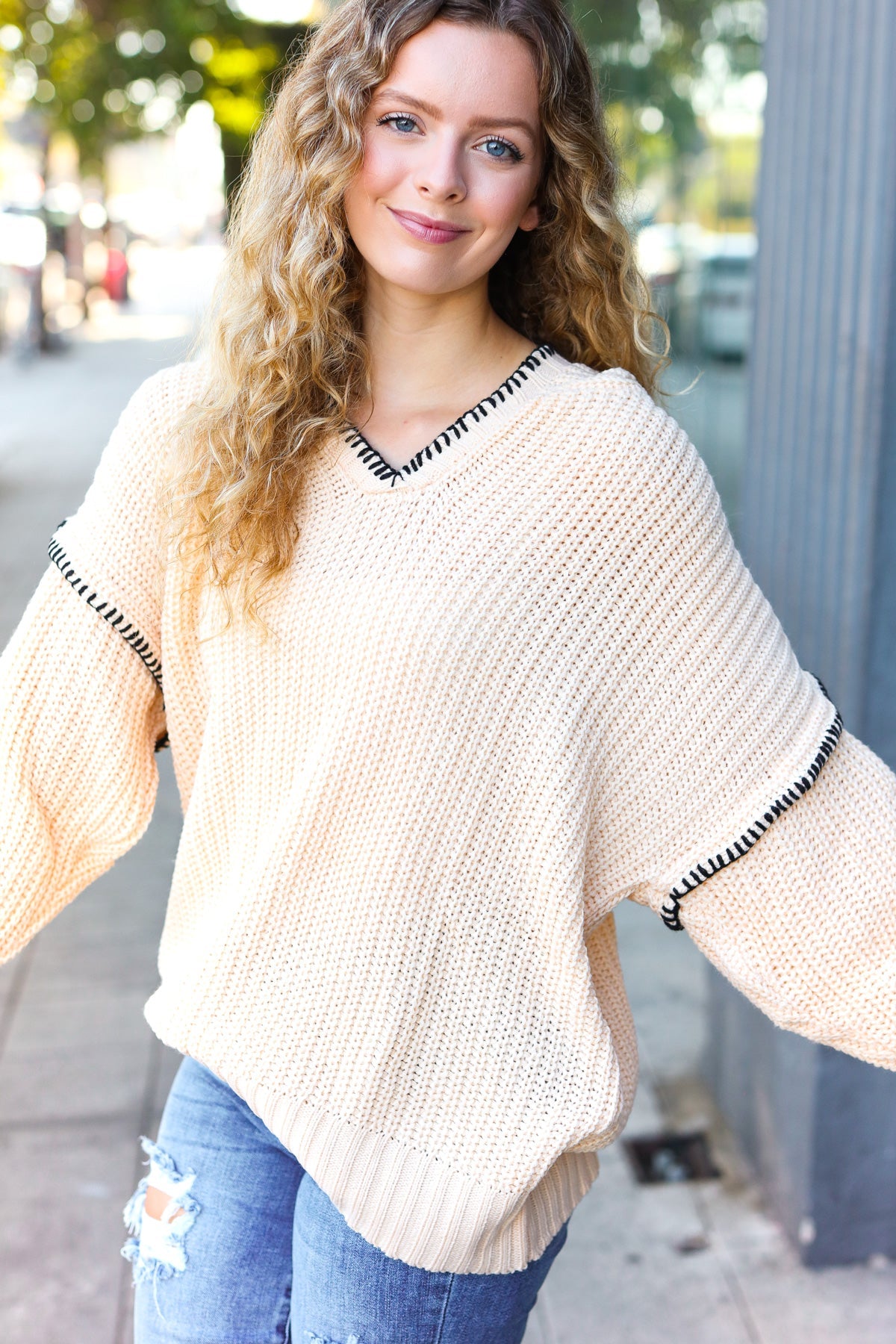 The Perfect Day Oatmeal Notched Neck Contrast Stitch Knit Hoodie - Charming Charlie