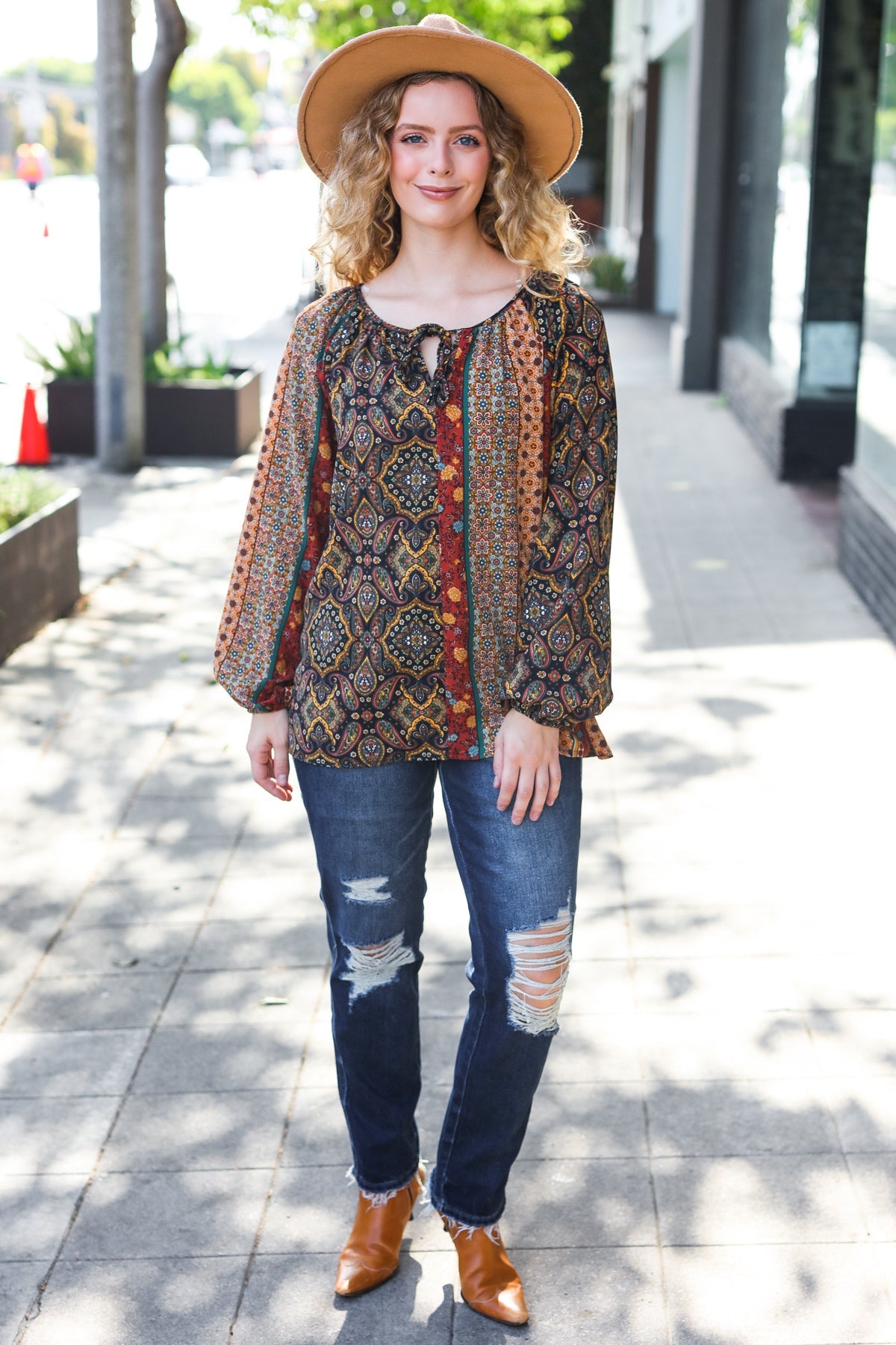 Weekend Ready Black & Rust Paisley Raglan Keyhole Tie Top - Charming Charlie