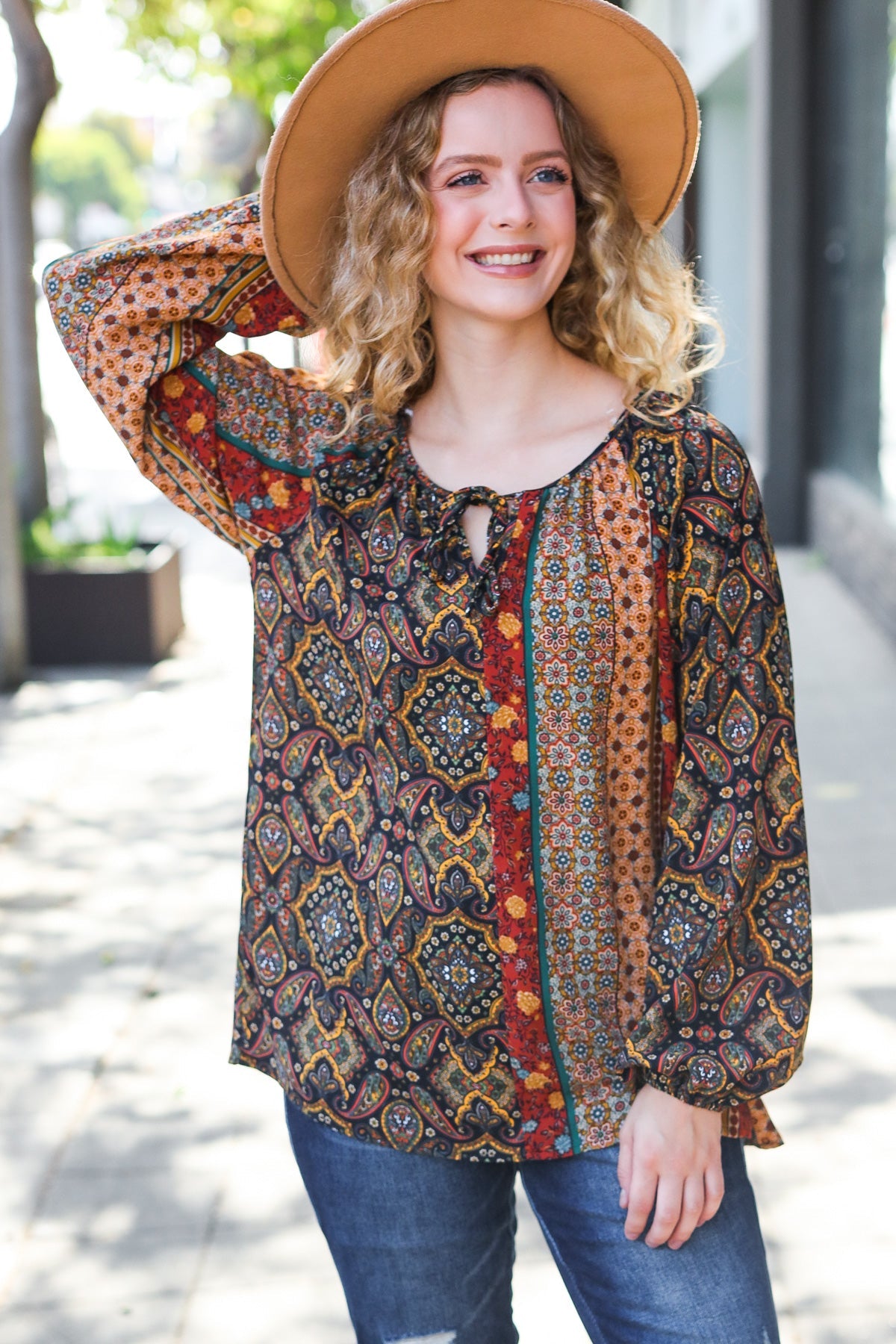 Weekend Ready Black & Rust Paisley Raglan Keyhole Tie Top - Charming Charlie