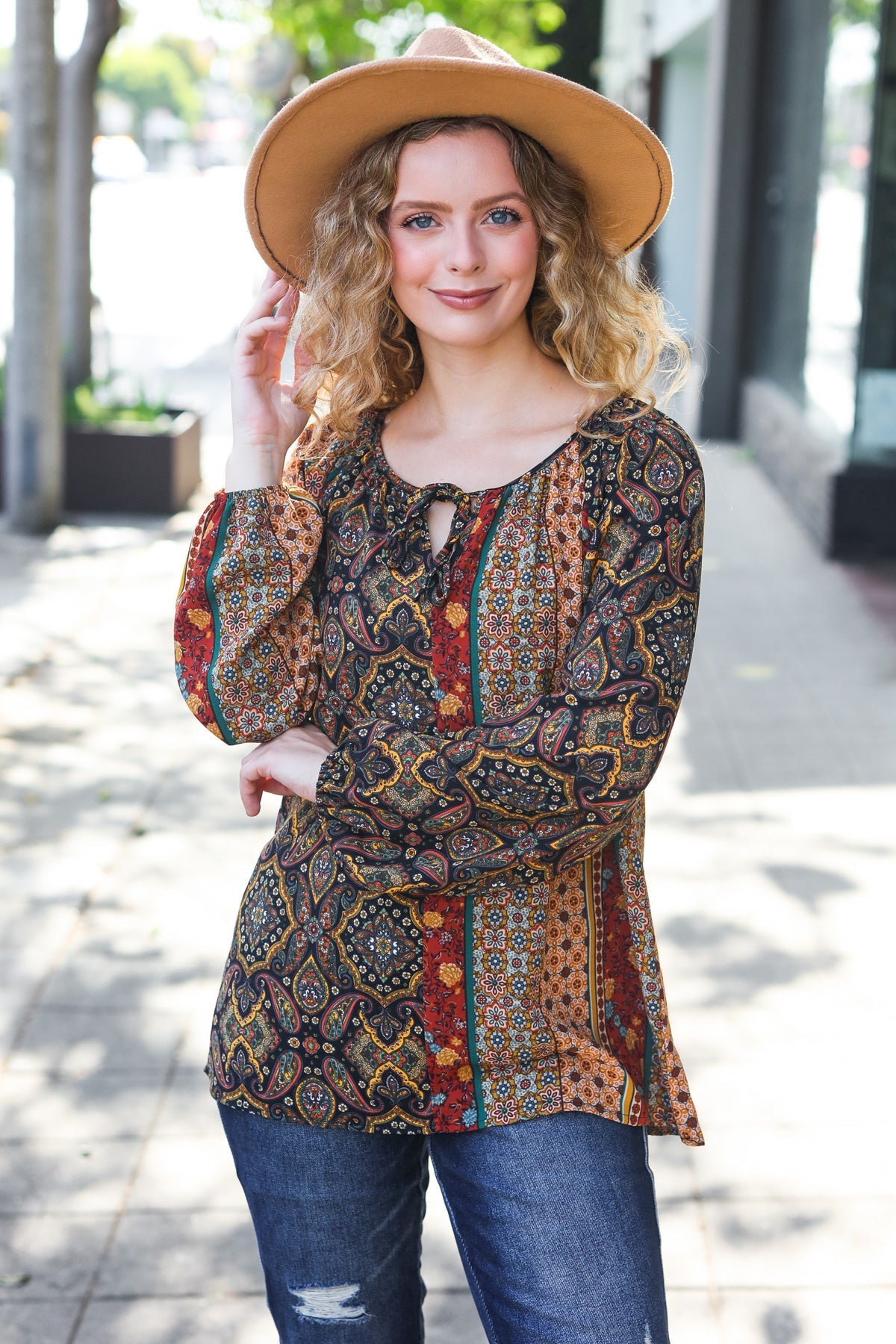 Weekend Ready Black & Rust Paisley Raglan Keyhole Tie Top - Charming Charlie