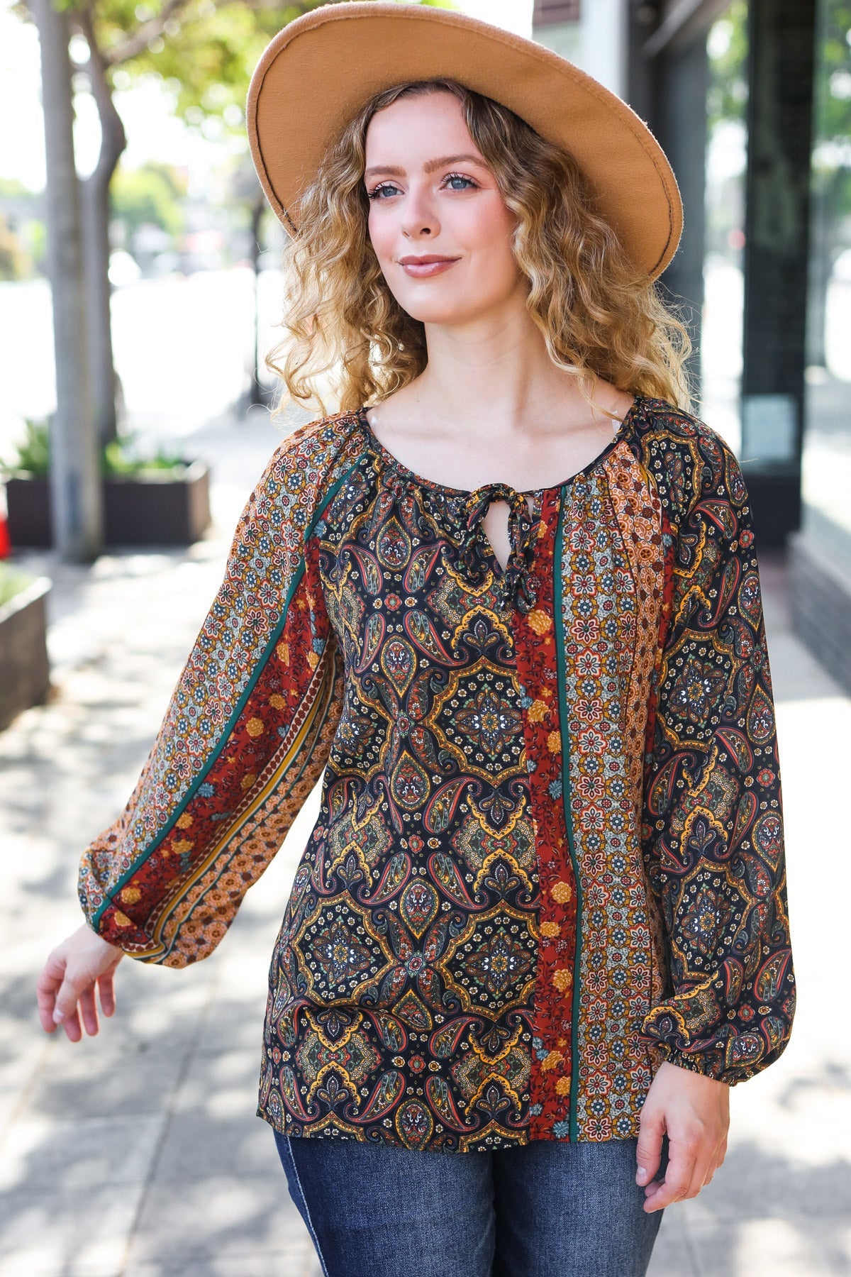 Weekend Ready Black & Rust Paisley Raglan Keyhole Tie Top - Charming Charlie