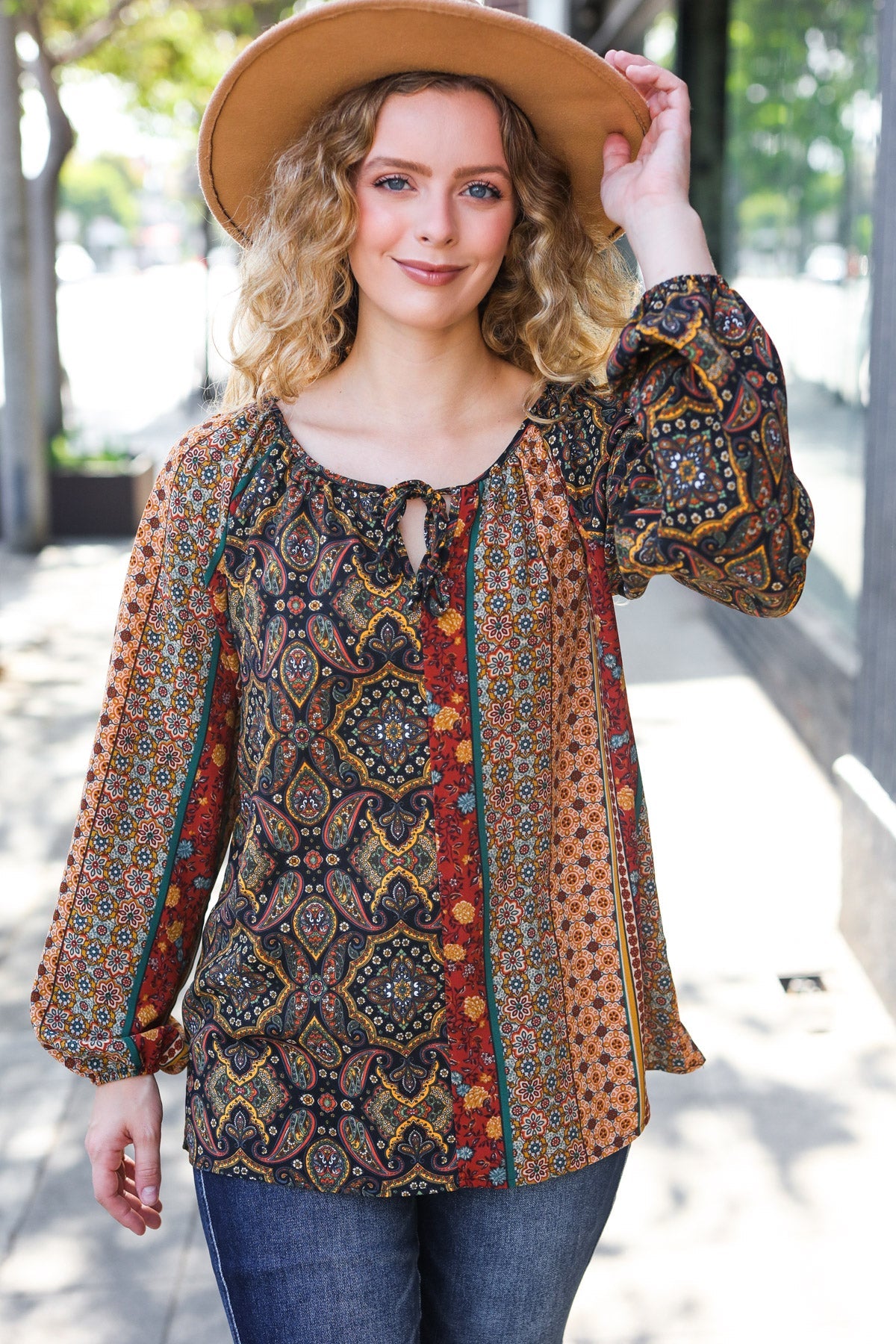 Weekend Ready Black & Rust Paisley Raglan Keyhole Tie Top - Charming Charlie