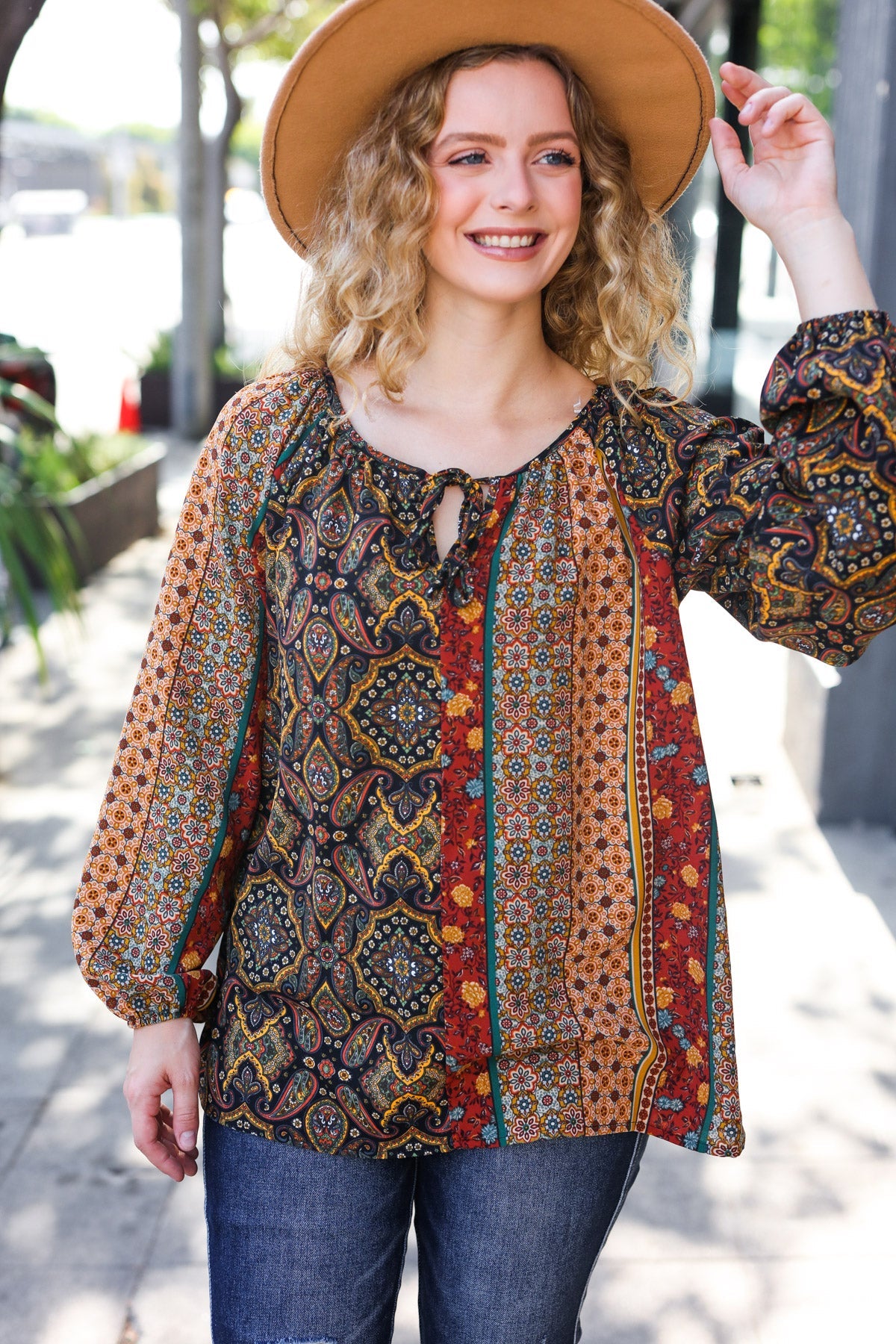 Weekend Ready Black & Rust Paisley Raglan Keyhole Tie Top - Charming Charlie