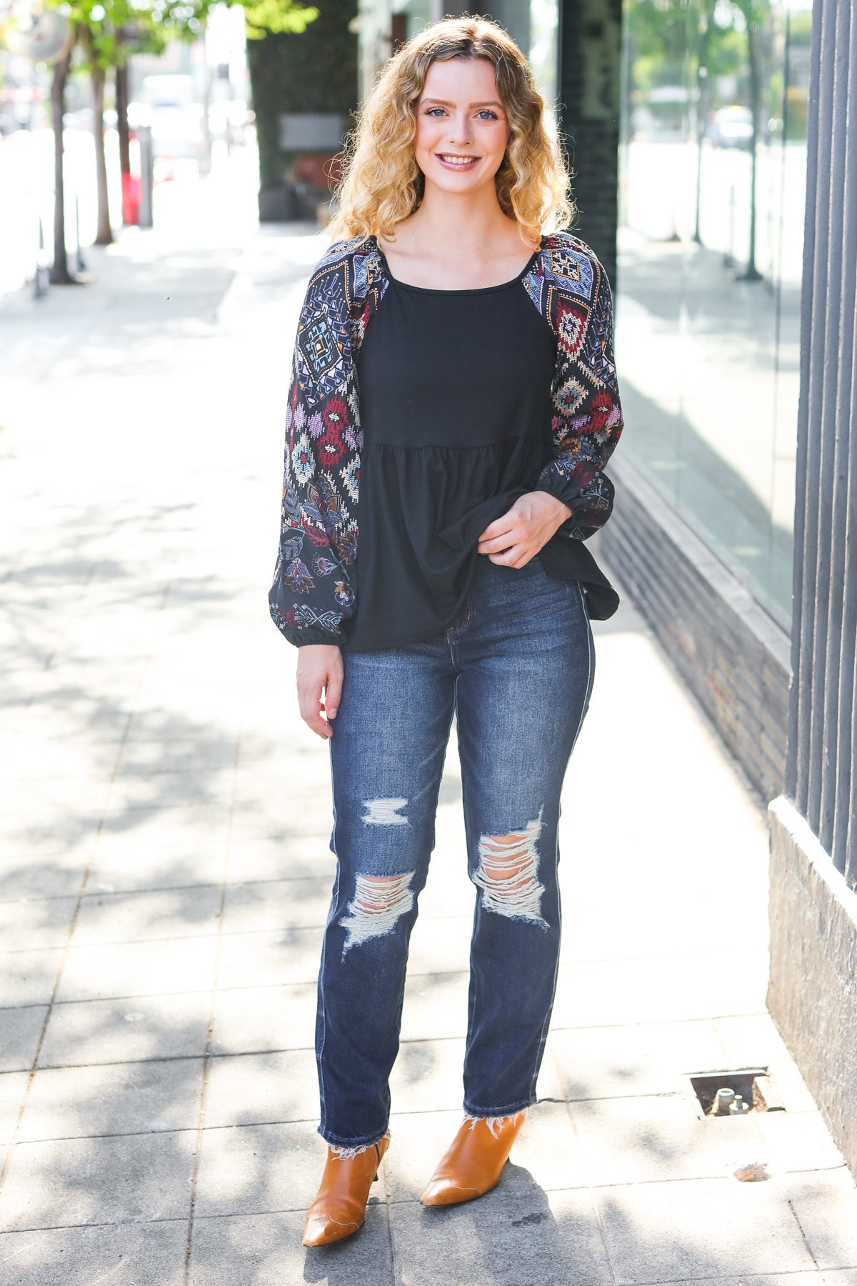Charming Black Square Neck Border Print Bubble Sleeve Top - Charming Charlie