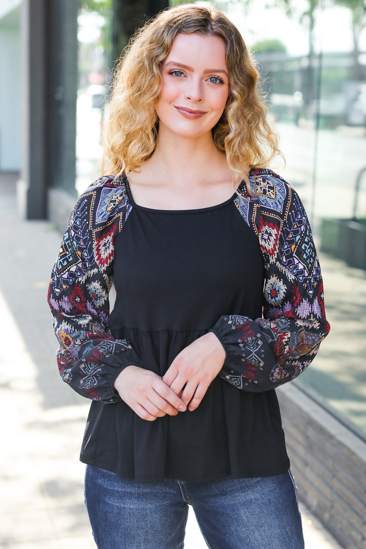 Charming Black Square Neck Border Print Bubble Sleeve Top - Charming Charlie