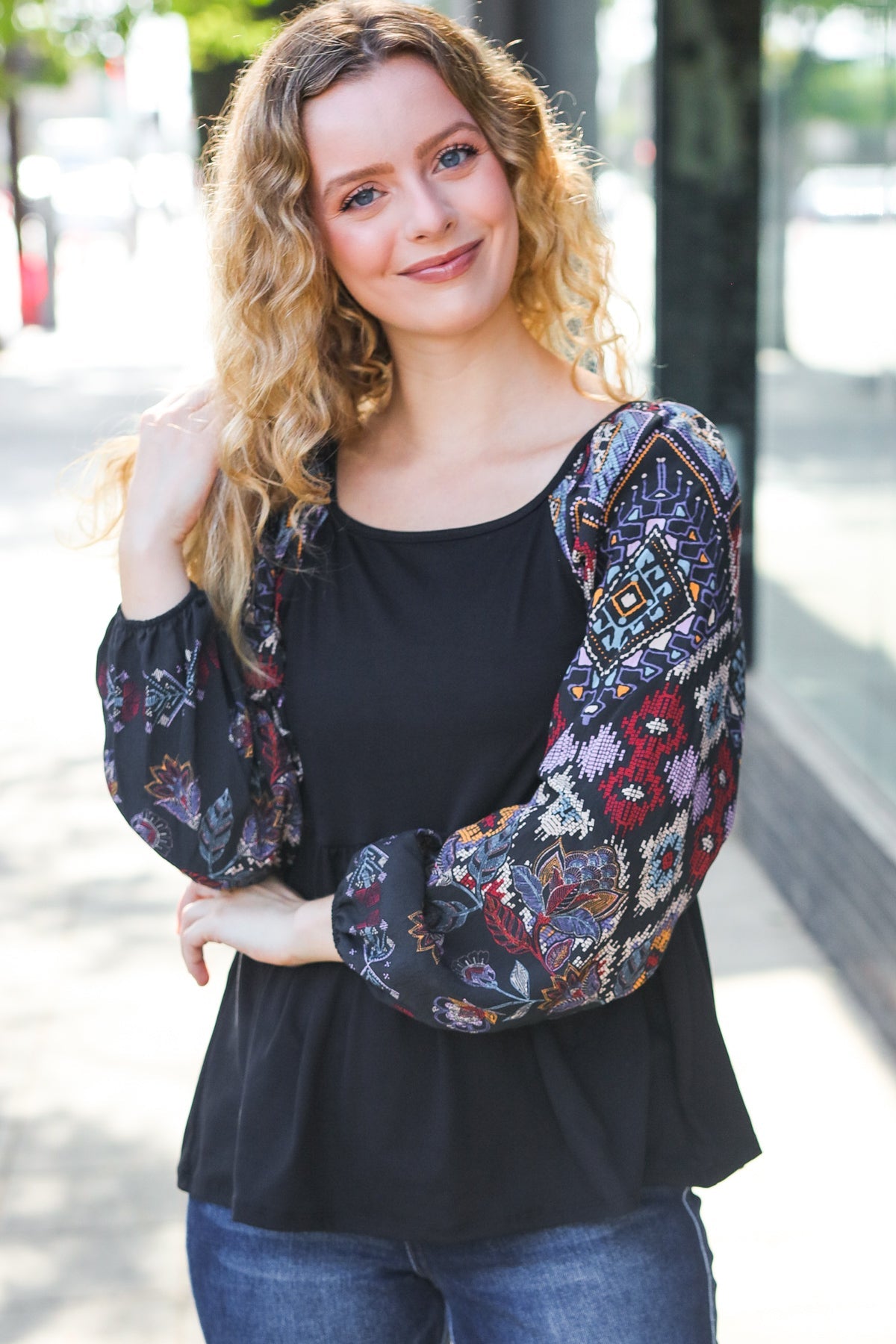 Charming Black Square Neck Border Print Bubble Sleeve Top - Charming Charlie