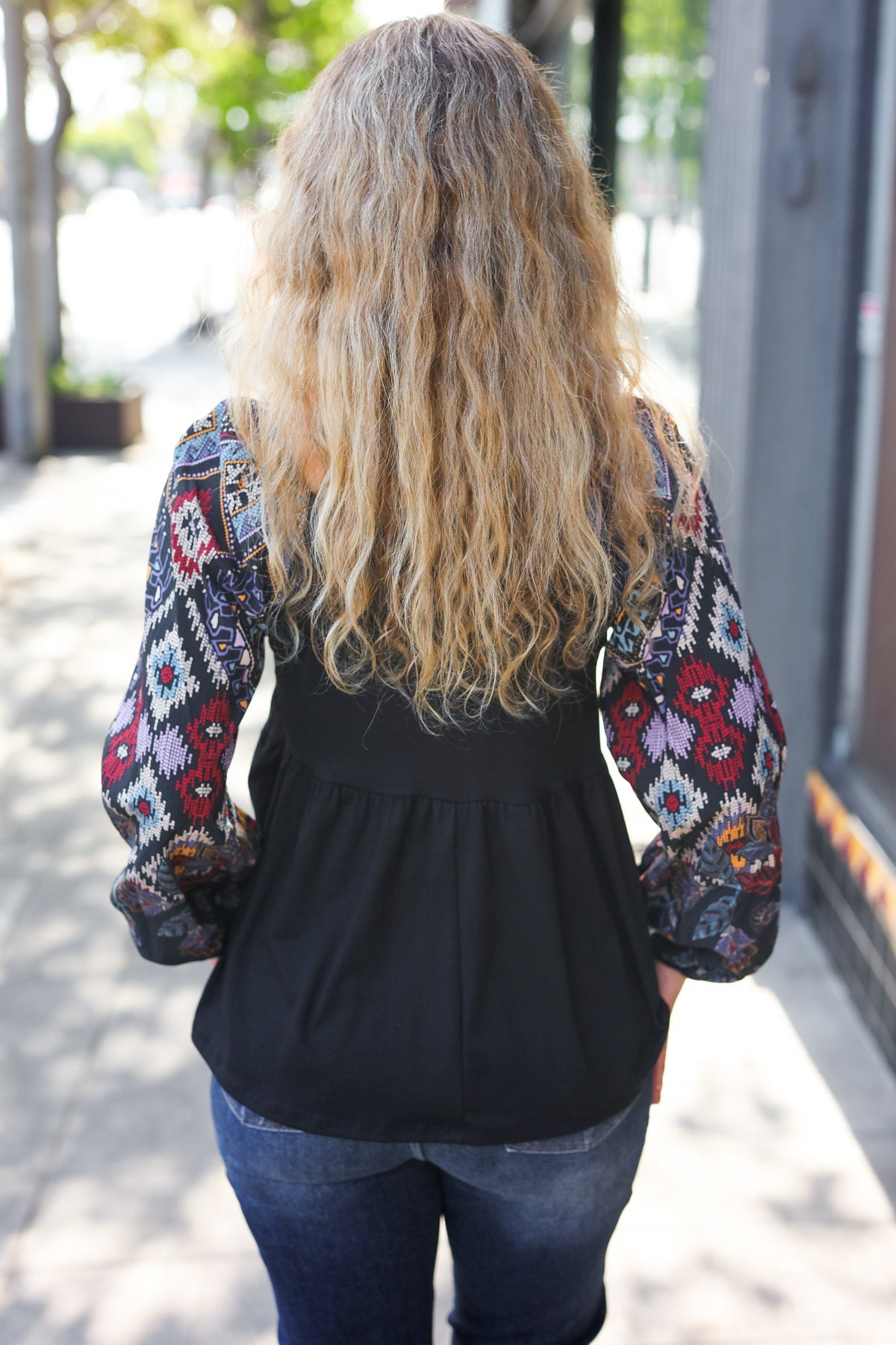 Charming Black Square Neck Border Print Bubble Sleeve Top - Charming Charlie