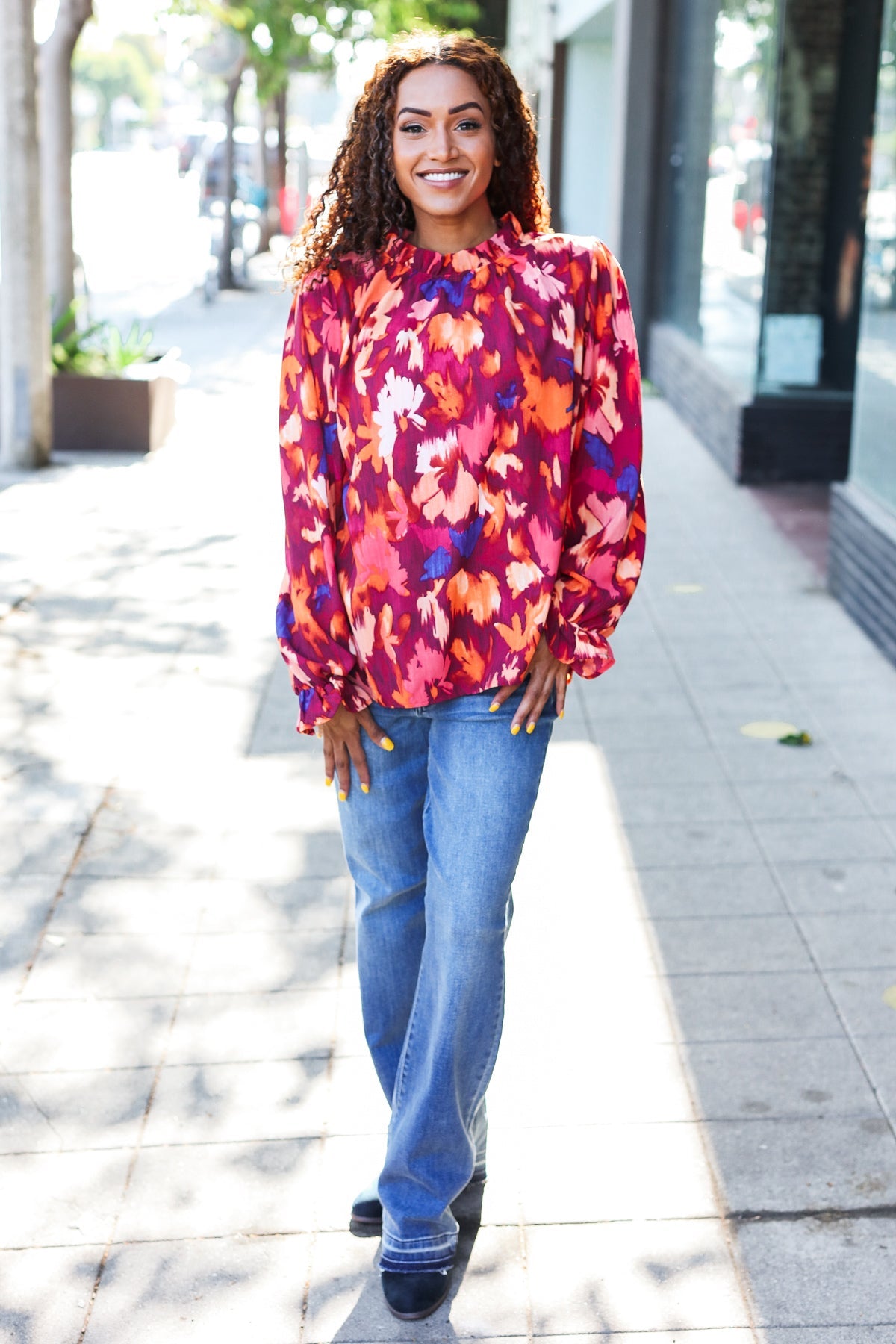 You Got This Wine Floral Print Print Frill Mock Neck Top - Charming Charlie