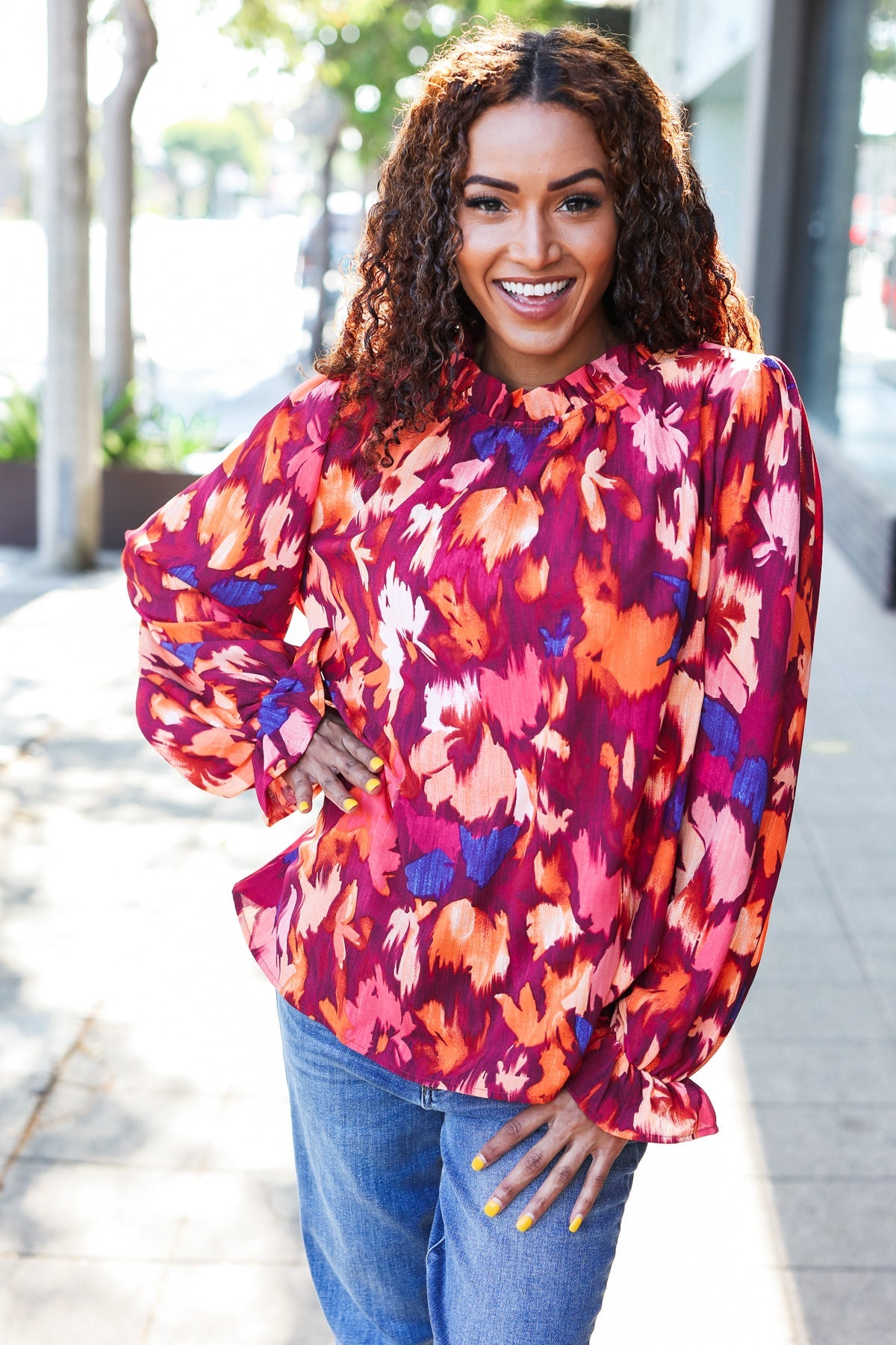 You Got This Wine Floral Print Print Frill Mock Neck Top - Charming Charlie