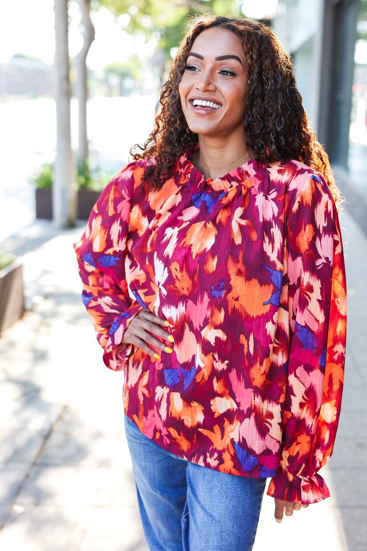 You Got This Wine Floral Print Print Frill Mock Neck Top - Charming Charlie