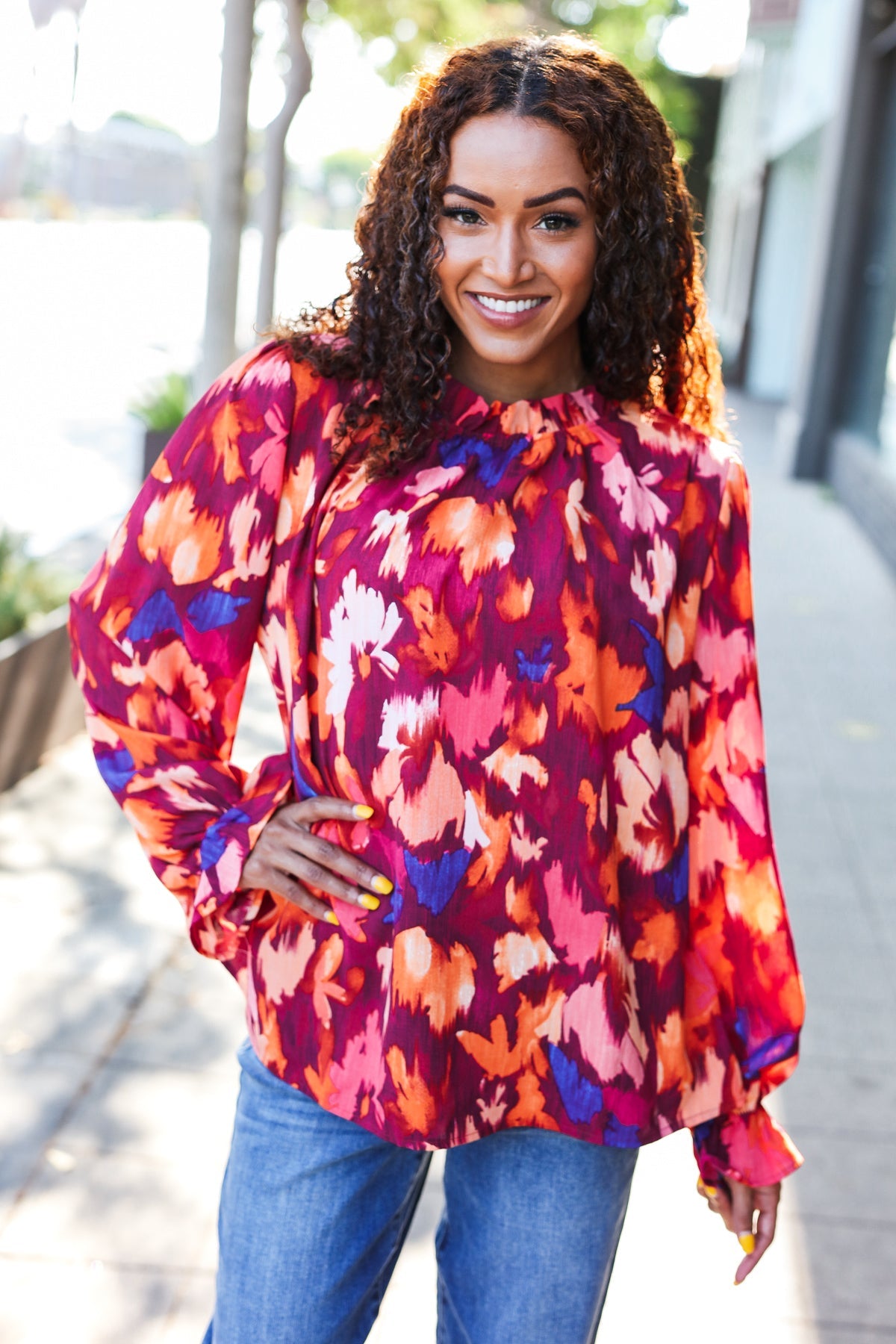 You Got This Wine Floral Print Print Frill Mock Neck Top - Charming Charlie