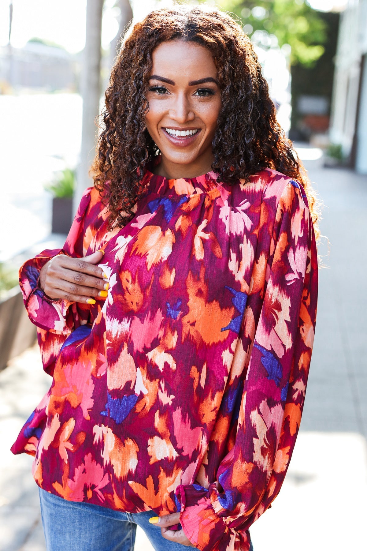 You Got This Wine Floral Print Print Frill Mock Neck Top - Charming Charlie