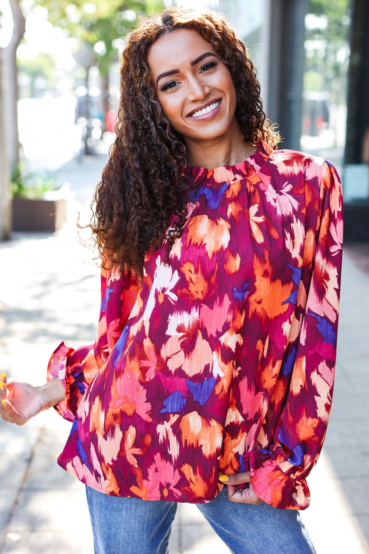 You Got This Wine Floral Print Print Frill Mock Neck Top - Charming Charlie
