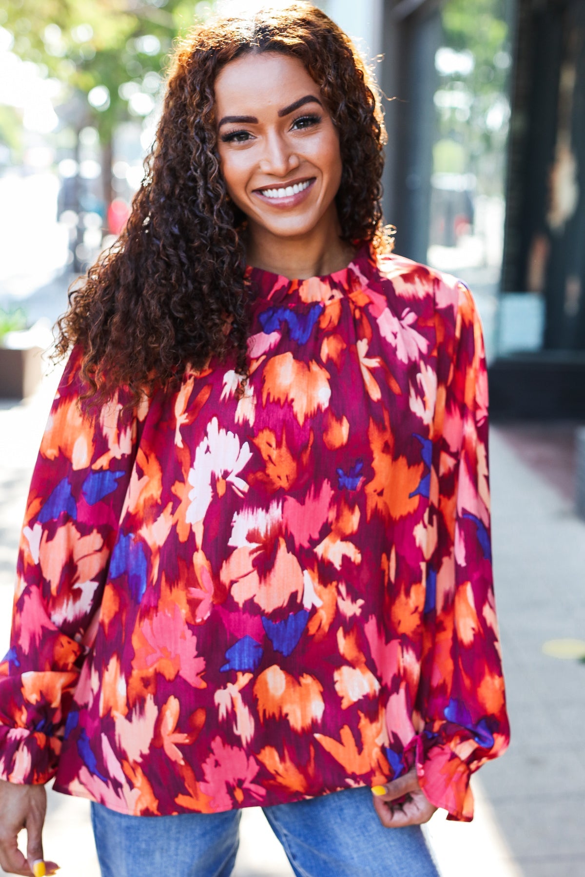 You Got This Wine Floral Print Print Frill Mock Neck Top - Charming Charlie