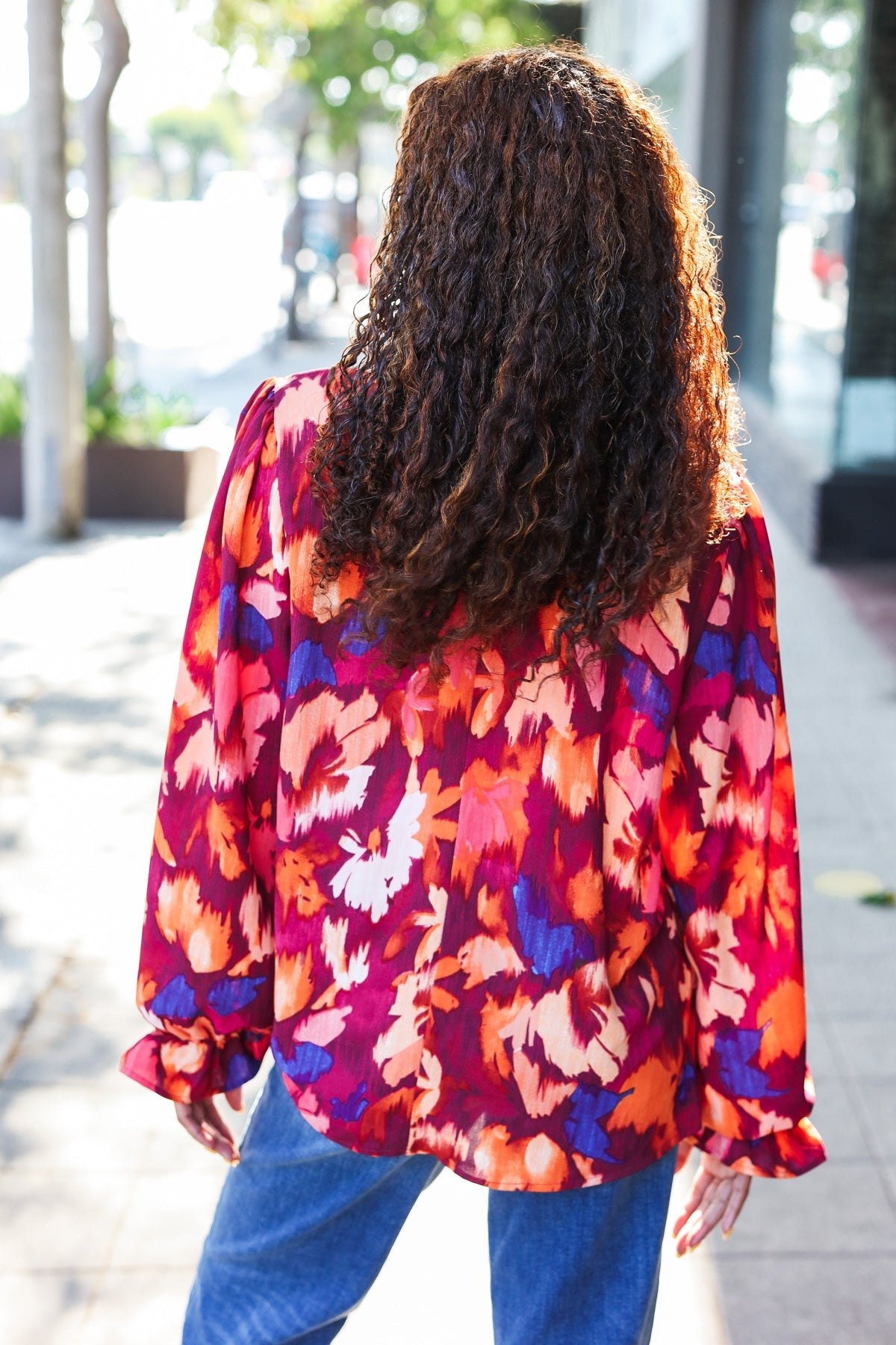 You Got This Wine Floral Print Print Frill Mock Neck Top - Charming Charlie