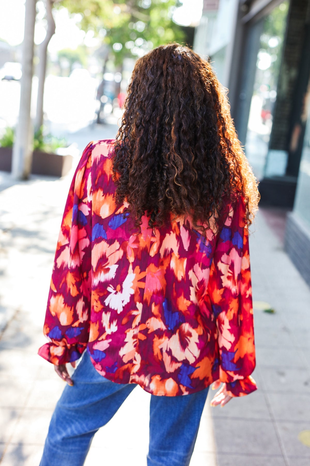 You Got This Wine Floral Print Print Frill Mock Neck Top - Charming Charlie