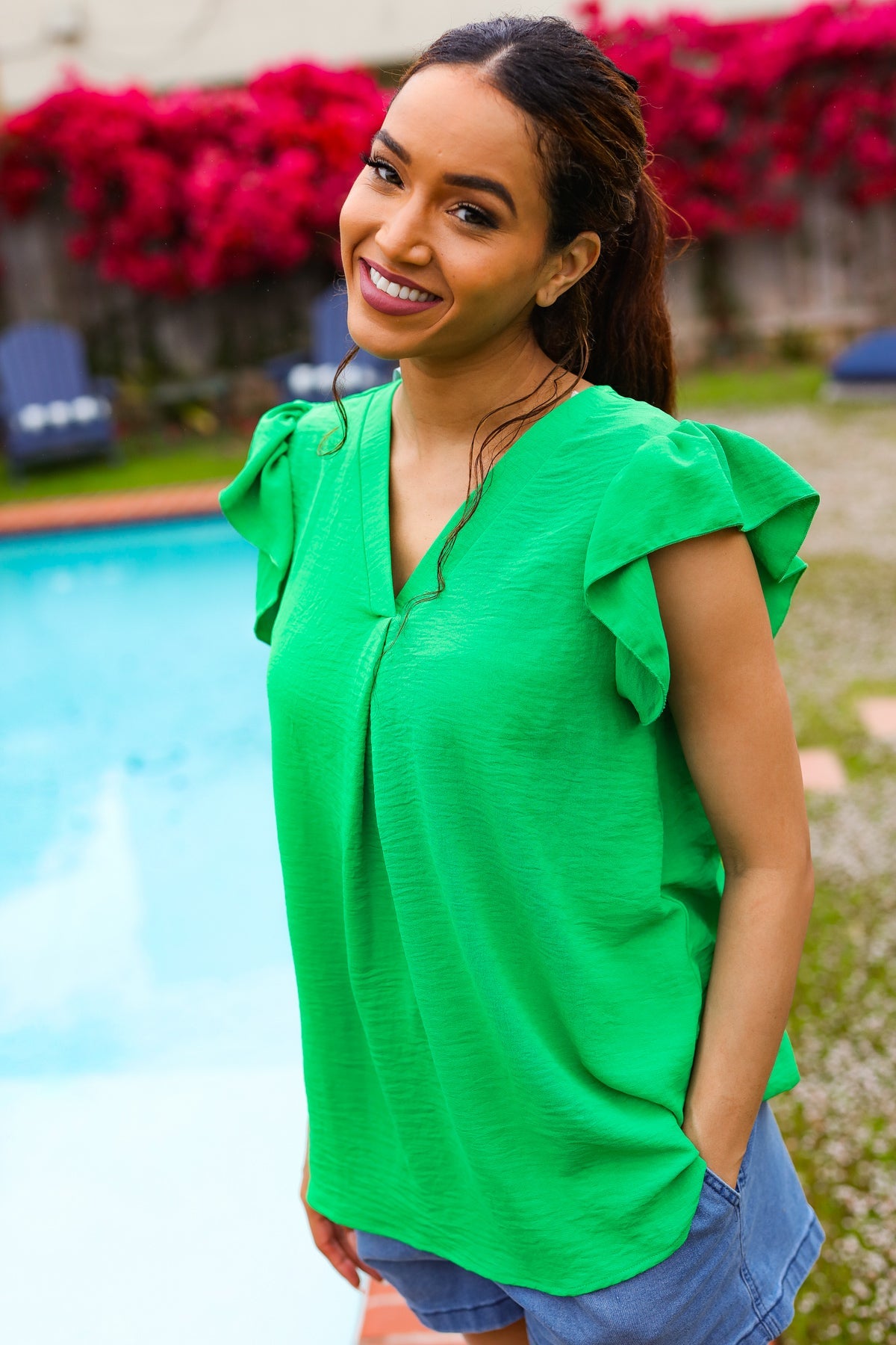 Sunny Days Kelly Green Banded V Neck Flutter Sleeve Top - Charming Charlie