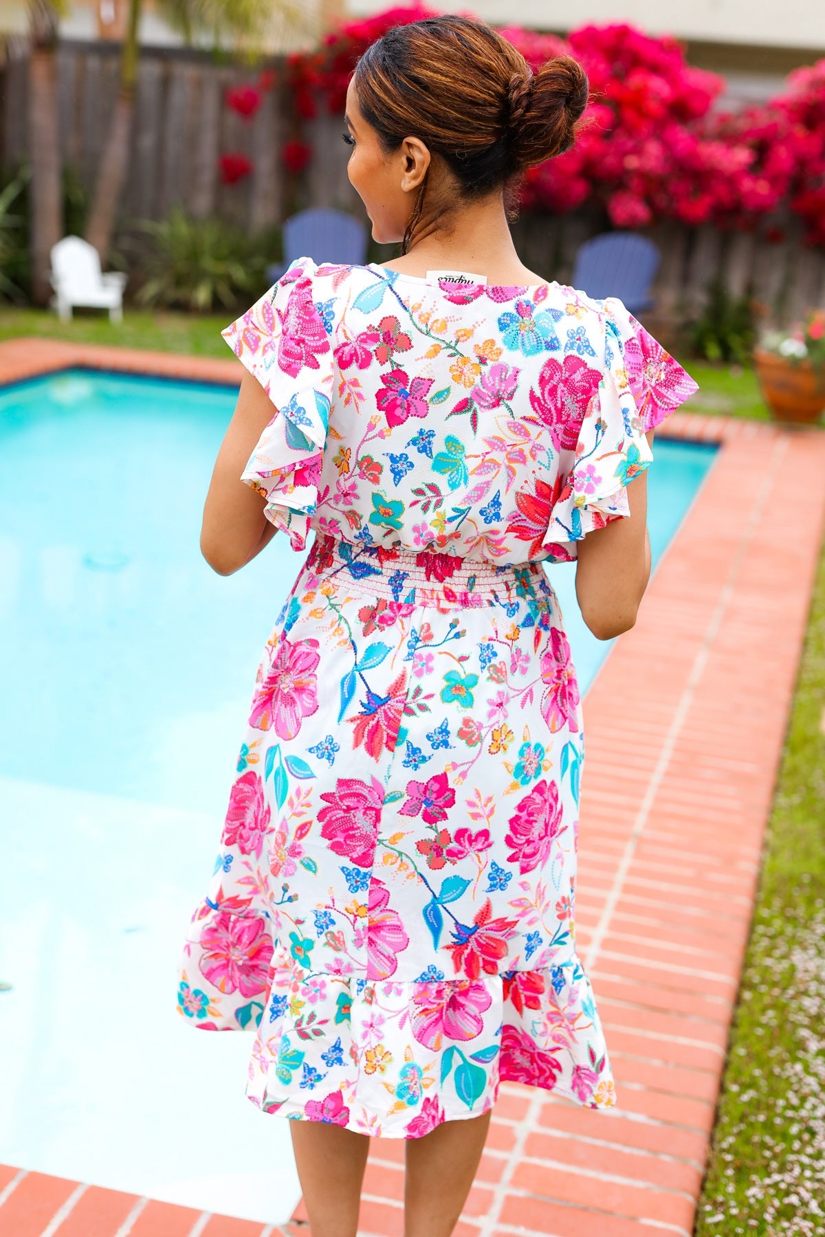 Hello Beautiful Ivory & Fuchsia Floral Sequin Smock Waist Midi Dress - Charming Charlie