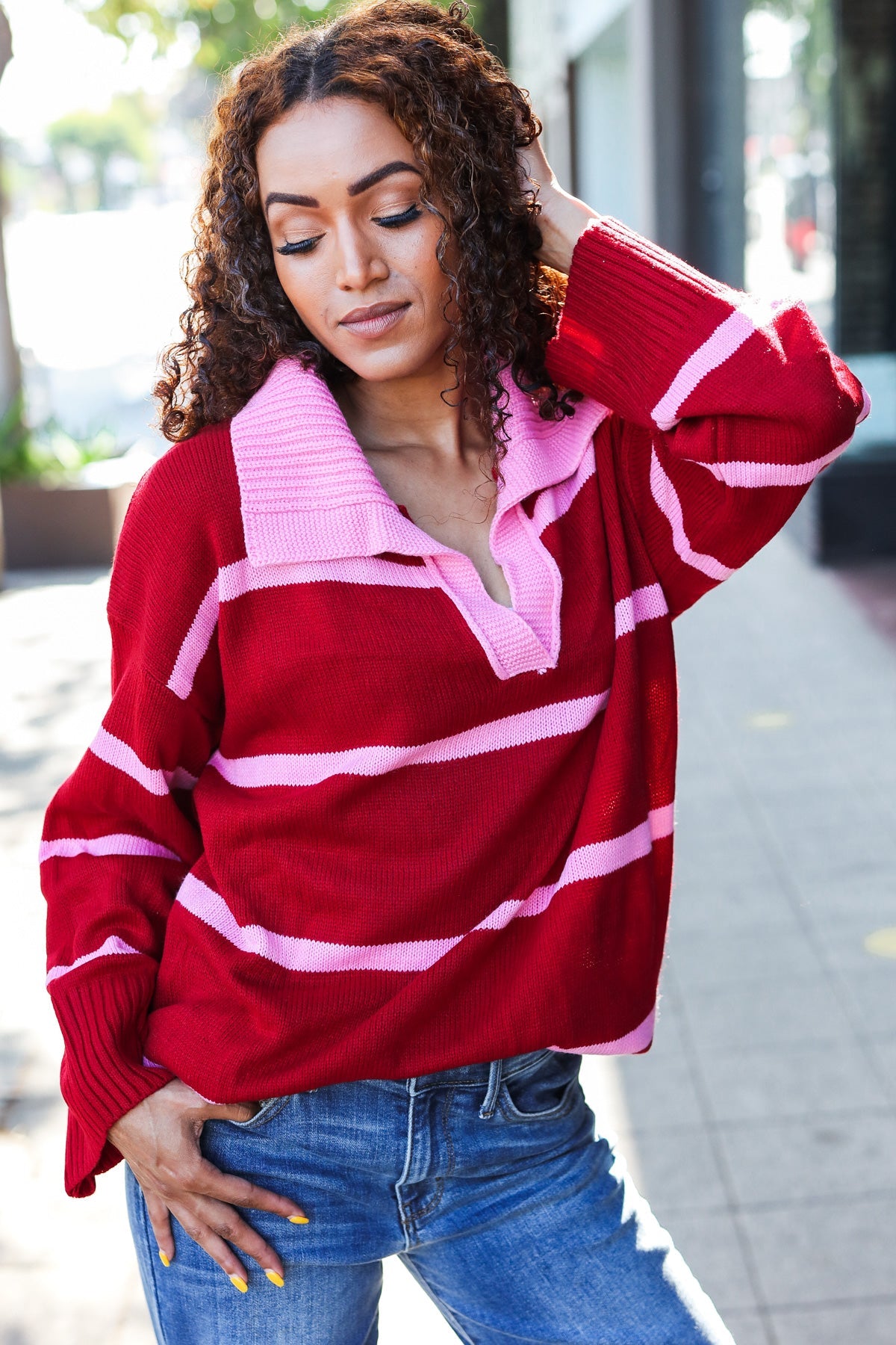 Fall For You Crimson Stripe Notched Neck Collared Oversized Sweater - Charming Charlie