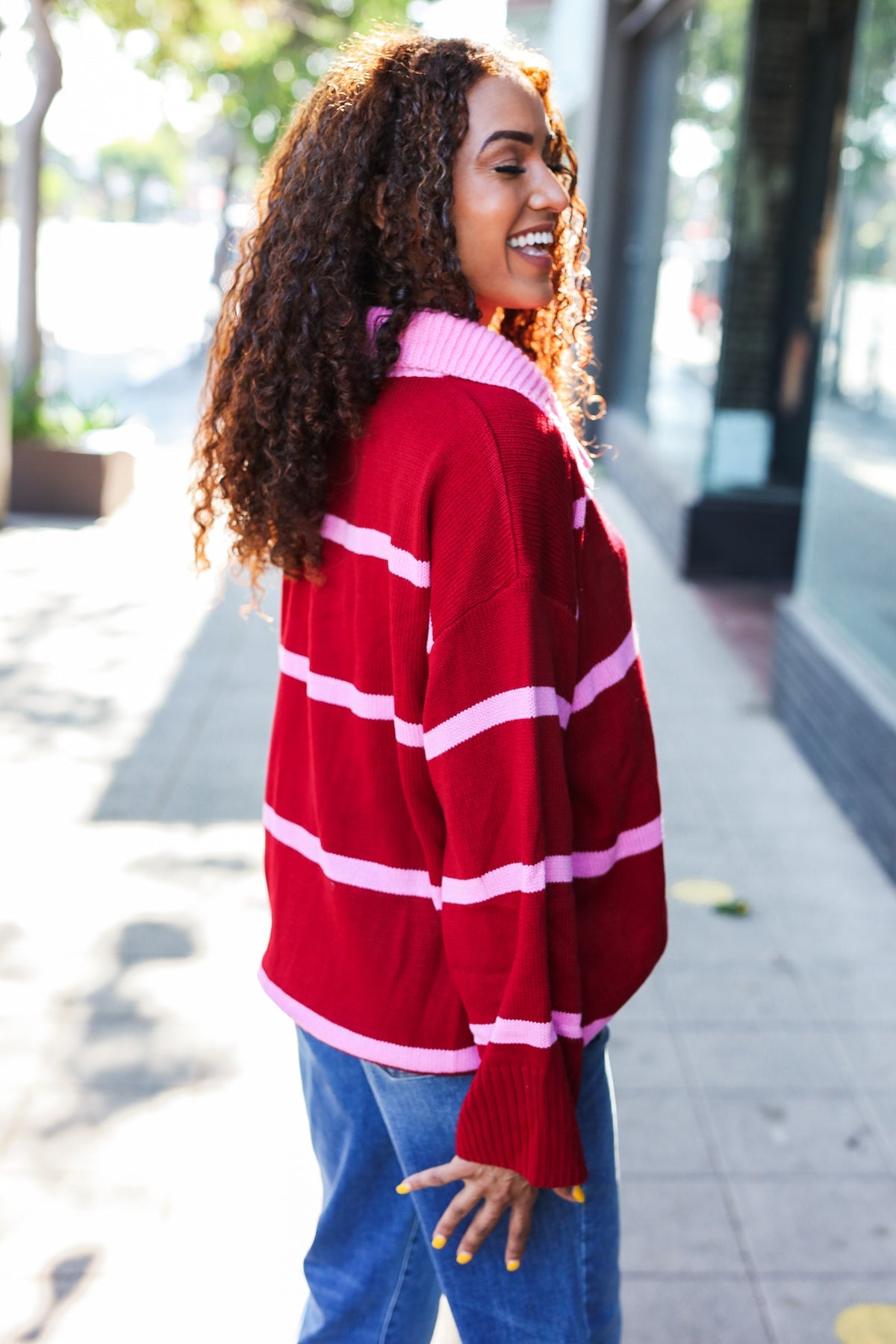 Fall For You Crimson Stripe Notched Neck Collared Oversized Sweater - Charming Charlie