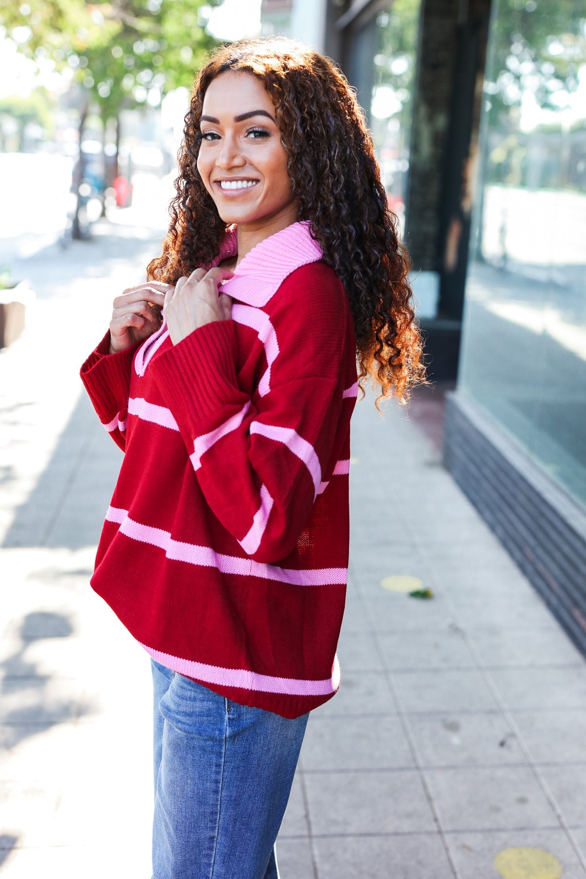 Fall For You Crimson Stripe Notched Neck Collared Oversized Sweater - Charming Charlie