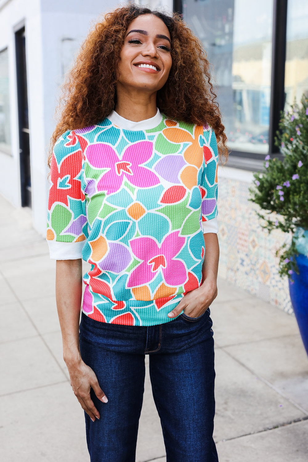 Spring Vibes Multicolor floral Rib Back Bow Tie Detail Top - Charming Charlie