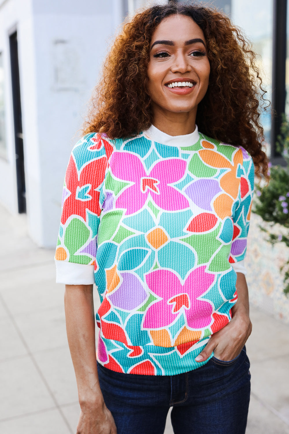 Spring Vibes Multicolor floral Rib Back Bow Tie Detail Top - Charming Charlie