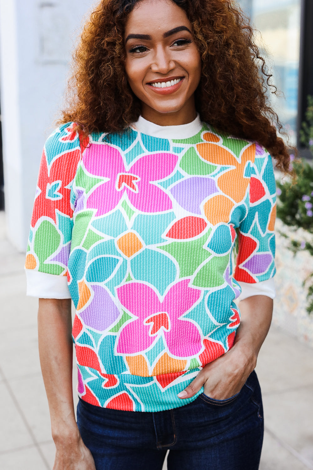 Spring Vibes Multicolor floral Rib Back Bow Tie Detail Top - Charming Charlie