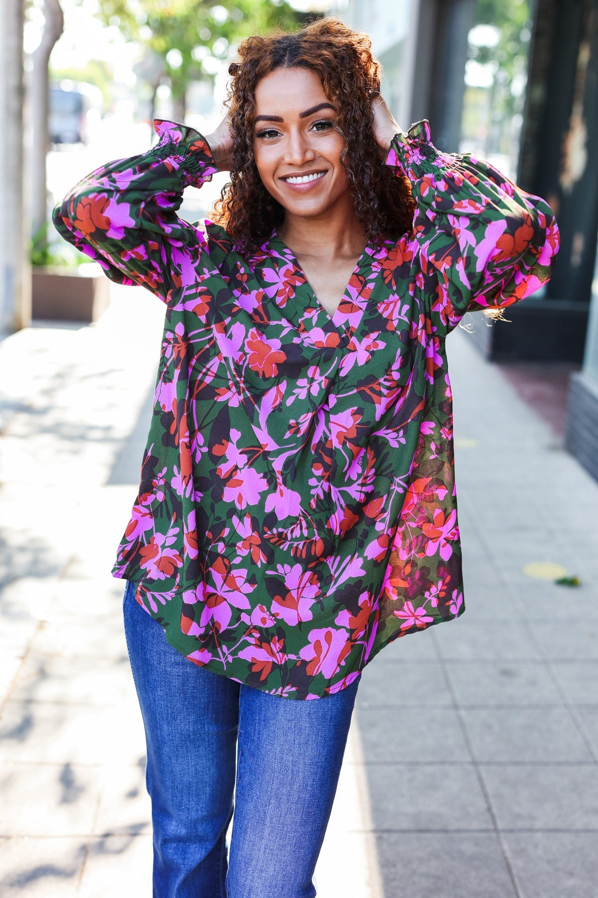 Eyes On You Forest Green Floral Smocked Bubble Sleeve V Neck Top - Charming Charlie