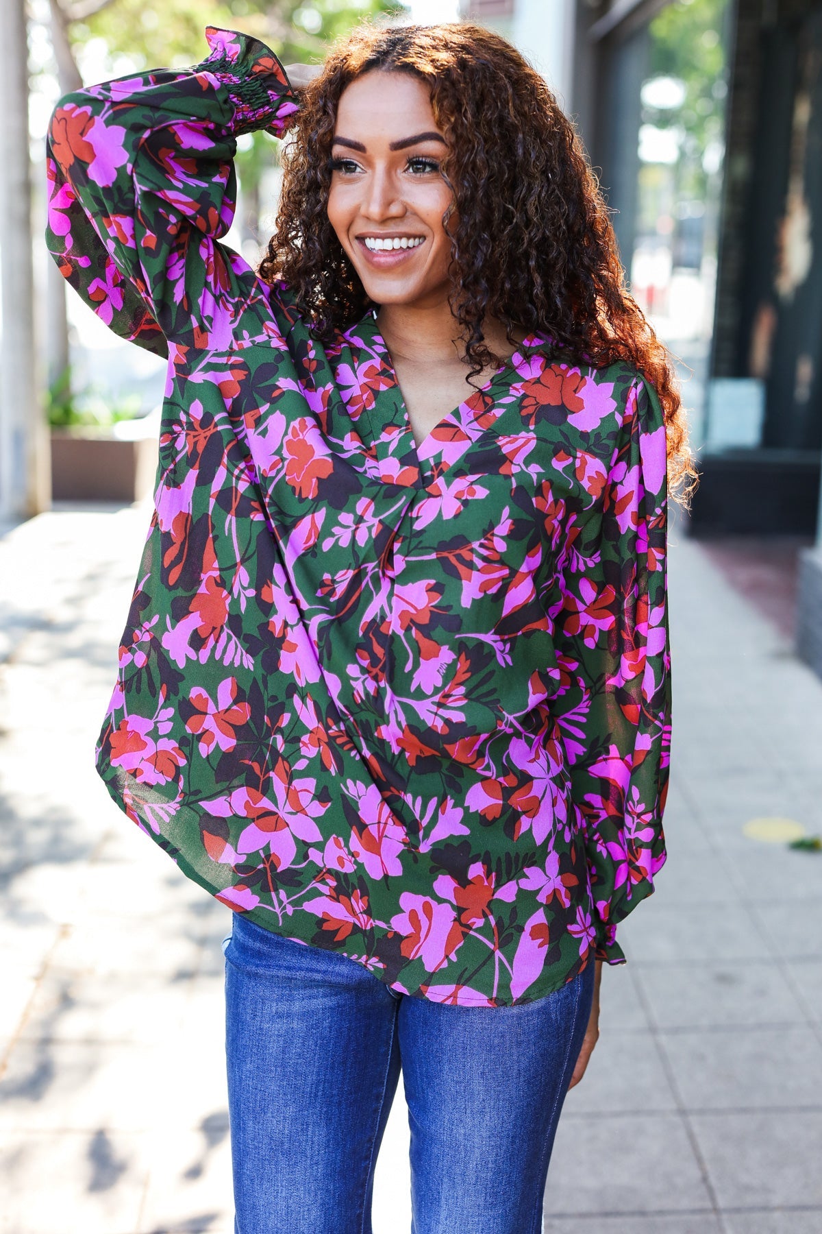 Eyes On You Forest Green Floral Smocked Bubble Sleeve V Neck Top - Charming Charlie