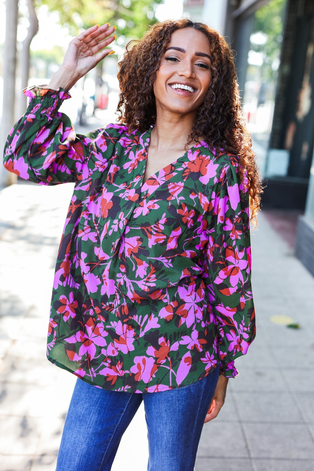 Eyes On You Forest Green Floral Smocked Bubble Sleeve V Neck Top - Charming Charlie