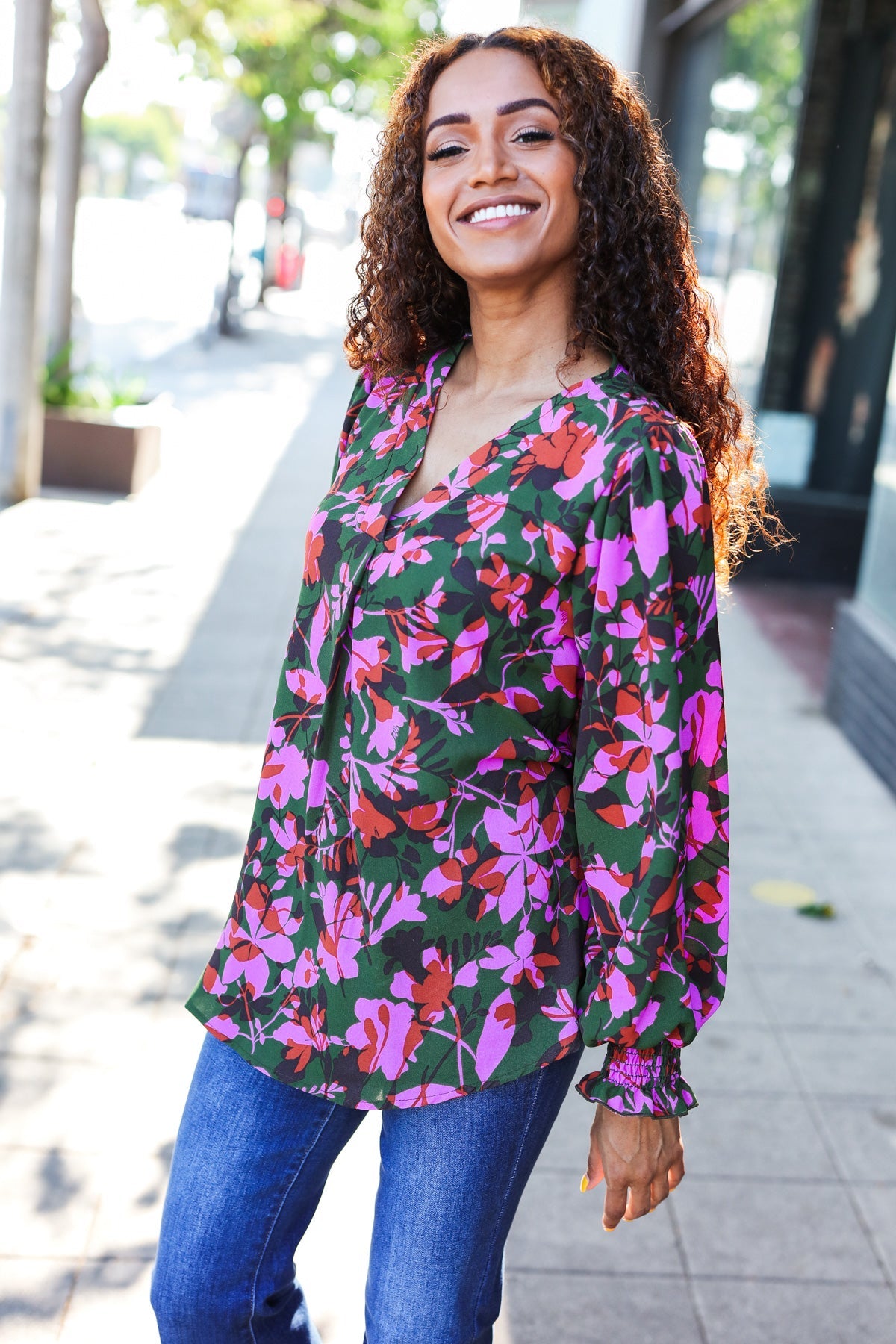 Eyes On You Forest Green Floral Smocked Bubble Sleeve V Neck Top - Charming Charlie