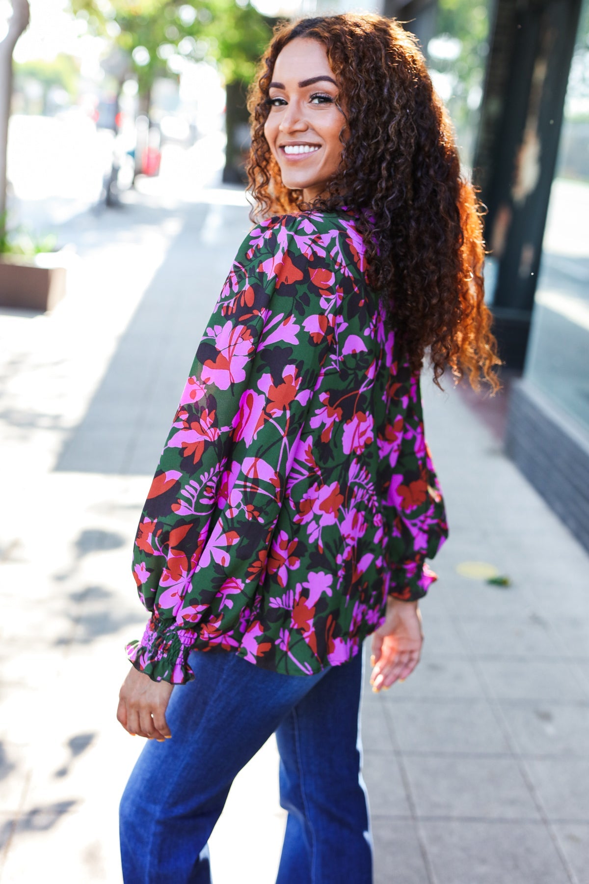 Eyes On You Forest Green Floral Smocked Bubble Sleeve V Neck Top - Charming Charlie