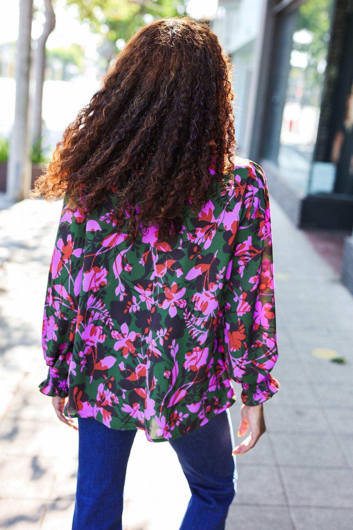 Eyes On You Forest Green Floral Smocked Bubble Sleeve V Neck Top - Charming Charlie