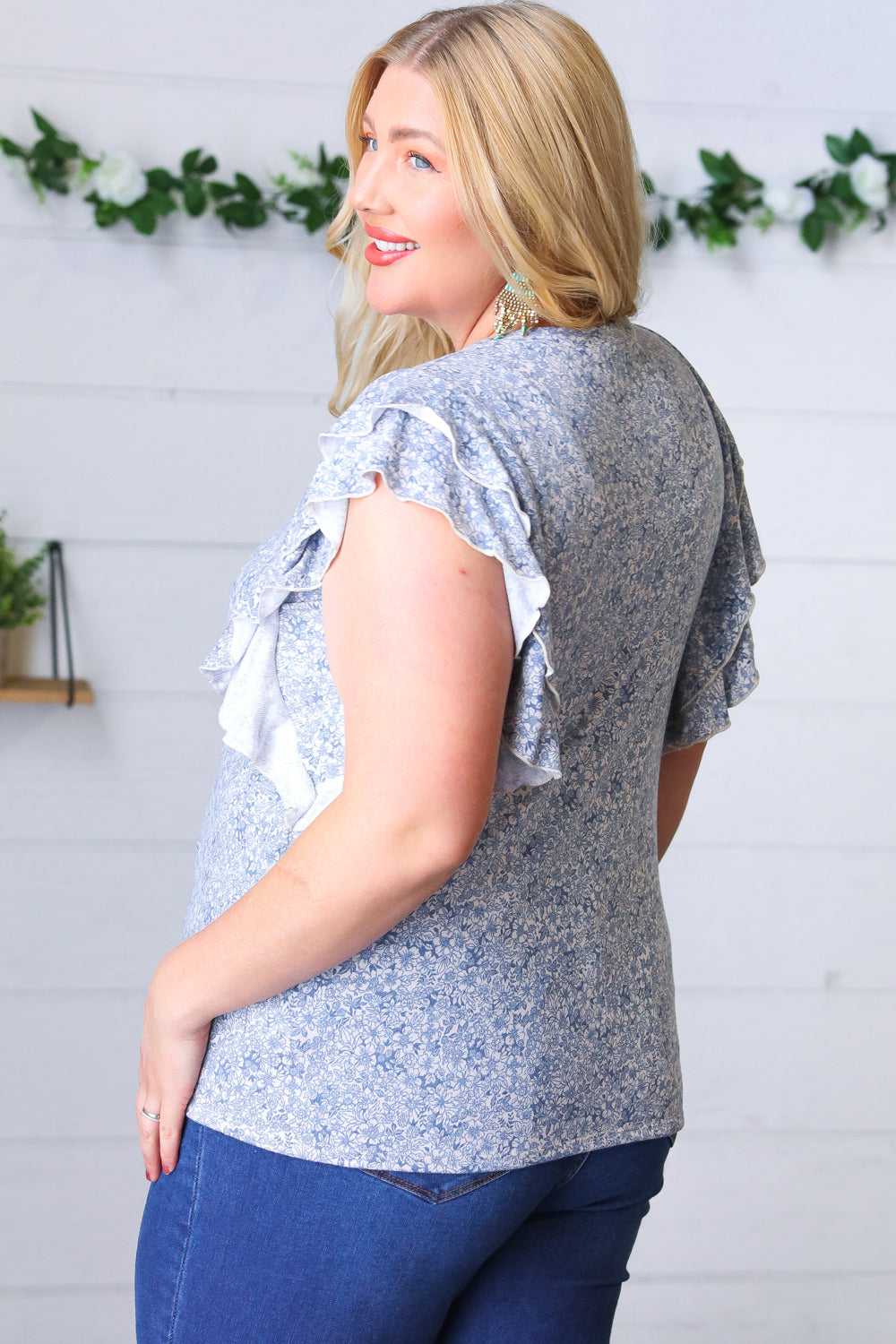 Washed Blue Floral Tiered Flutter Sleeve Top - Charming Charlie