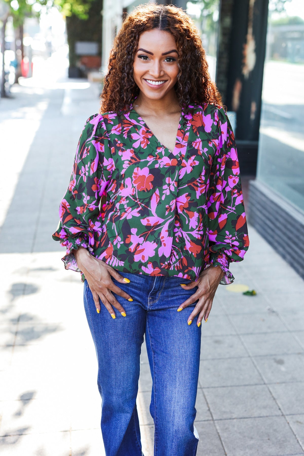 Eyes On You Forest Green Floral Smocked Bubble Sleeve V Neck Top - Charming Charlie