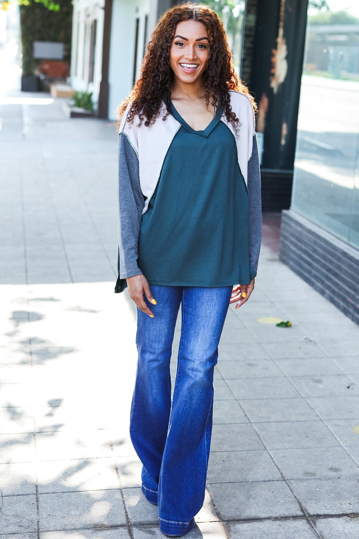Stand Out Hunter Green V Neck Raglan Color Block Outseam Top - Charming Charlie