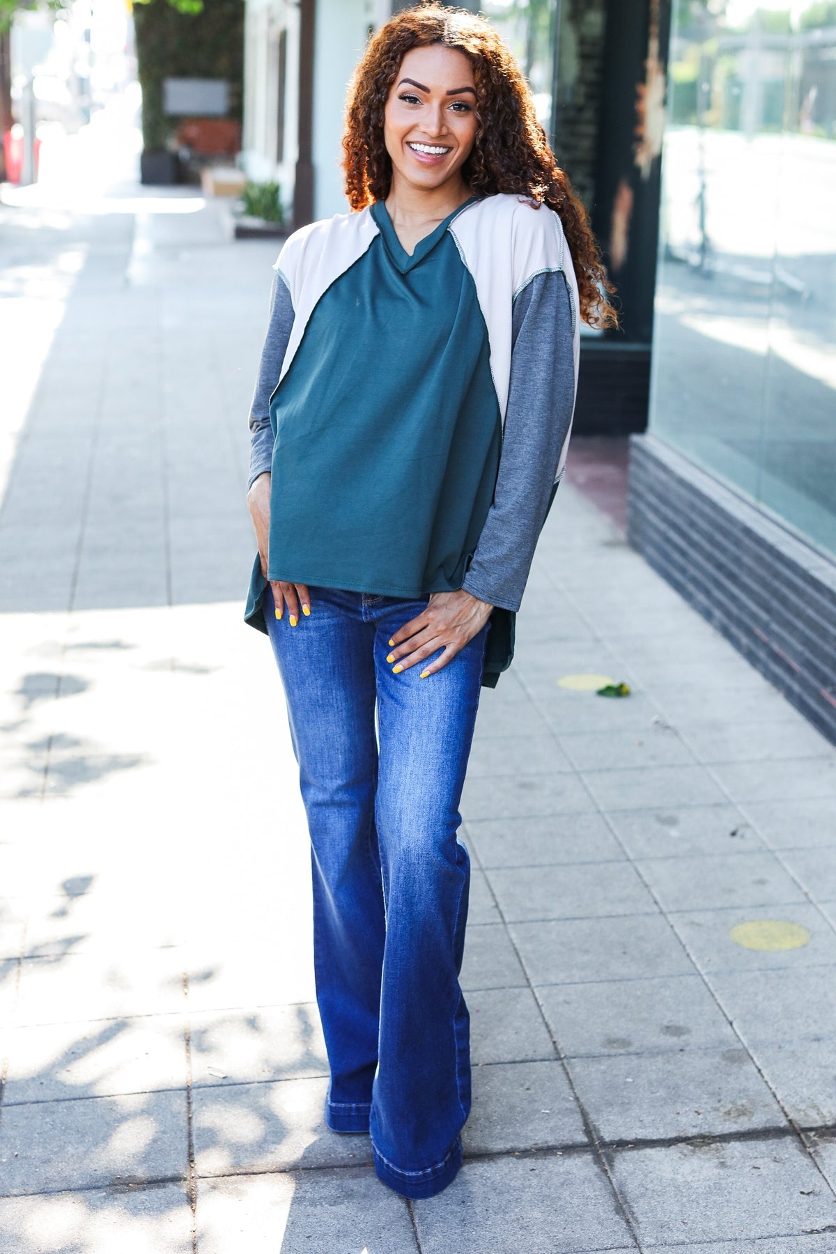 Stand Out Hunter Green V Neck Raglan Color Block Outseam Top - Charming Charlie