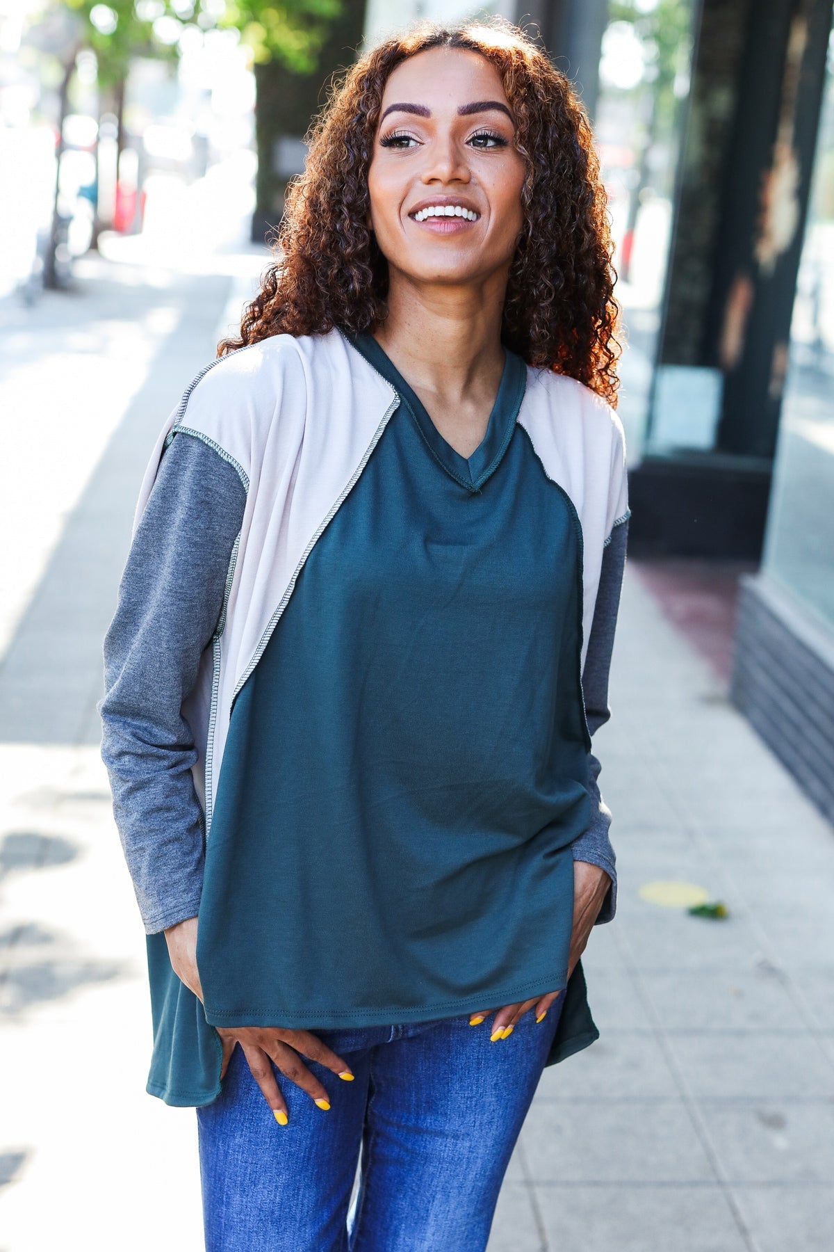 Stand Out Hunter Green V Neck Raglan Color Block Outseam Top - Charming Charlie