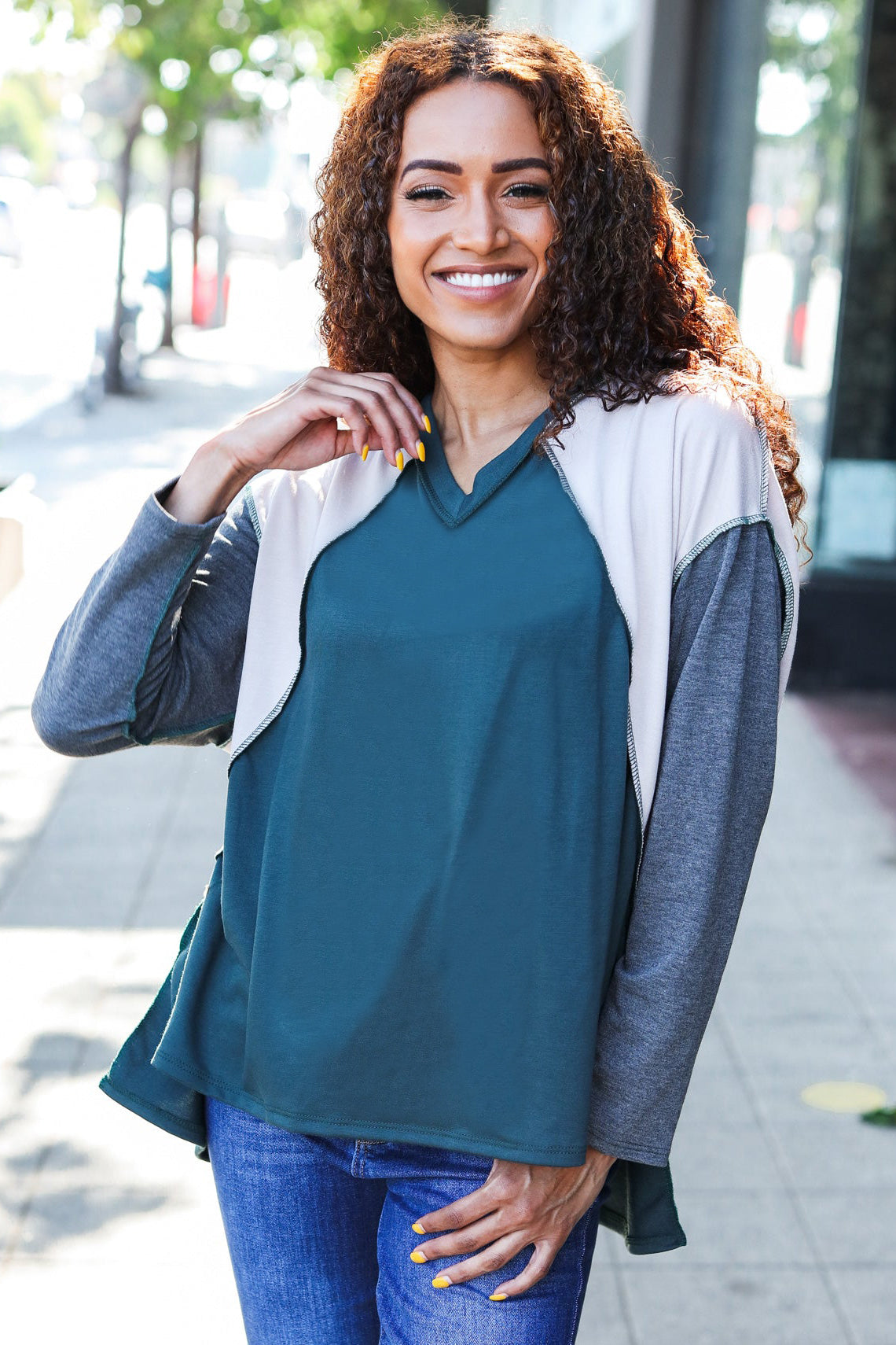 Stand Out Hunter Green V Neck Raglan Color Block Outseam Top - Charming Charlie