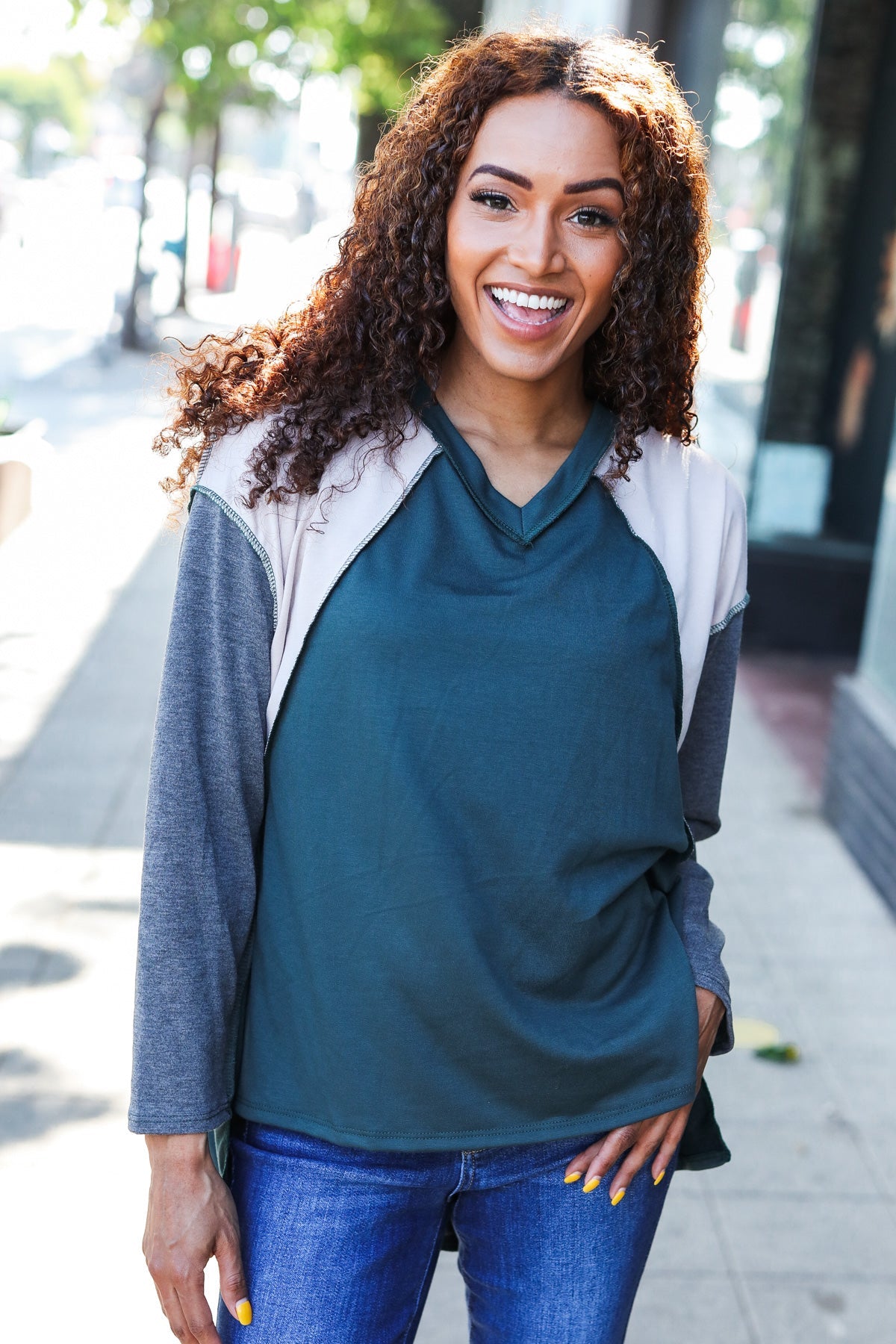 Stand Out Hunter Green V Neck Raglan Color Block Outseam Top - Charming Charlie