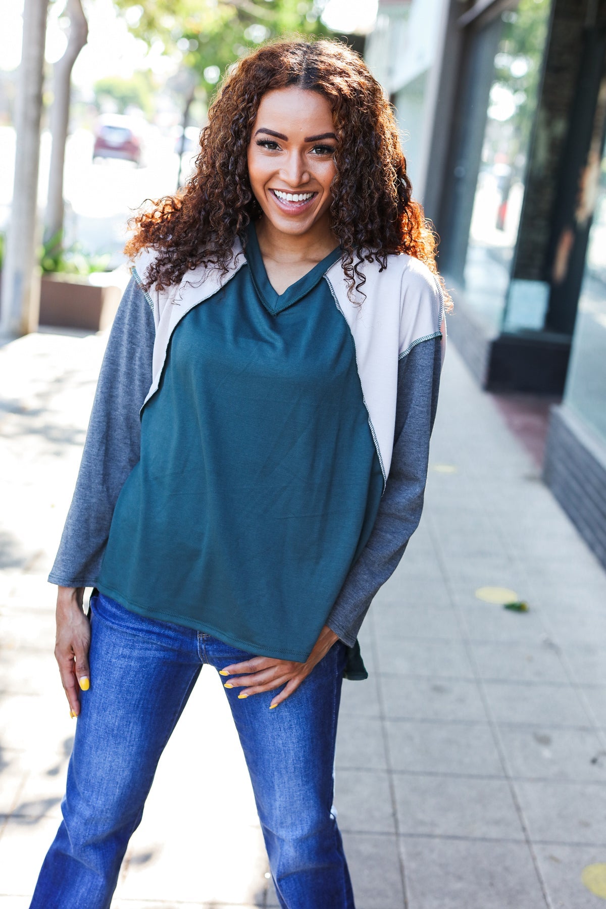 Stand Out Hunter Green V Neck Raglan Color Block Outseam Top - Charming Charlie