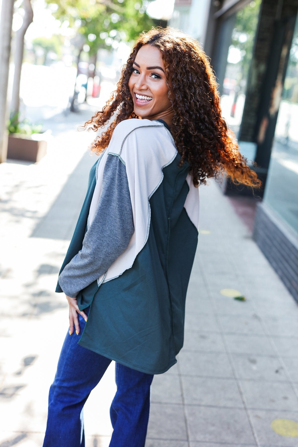 Stand Out Hunter Green V Neck Raglan Color Block Outseam Top - Charming Charlie
