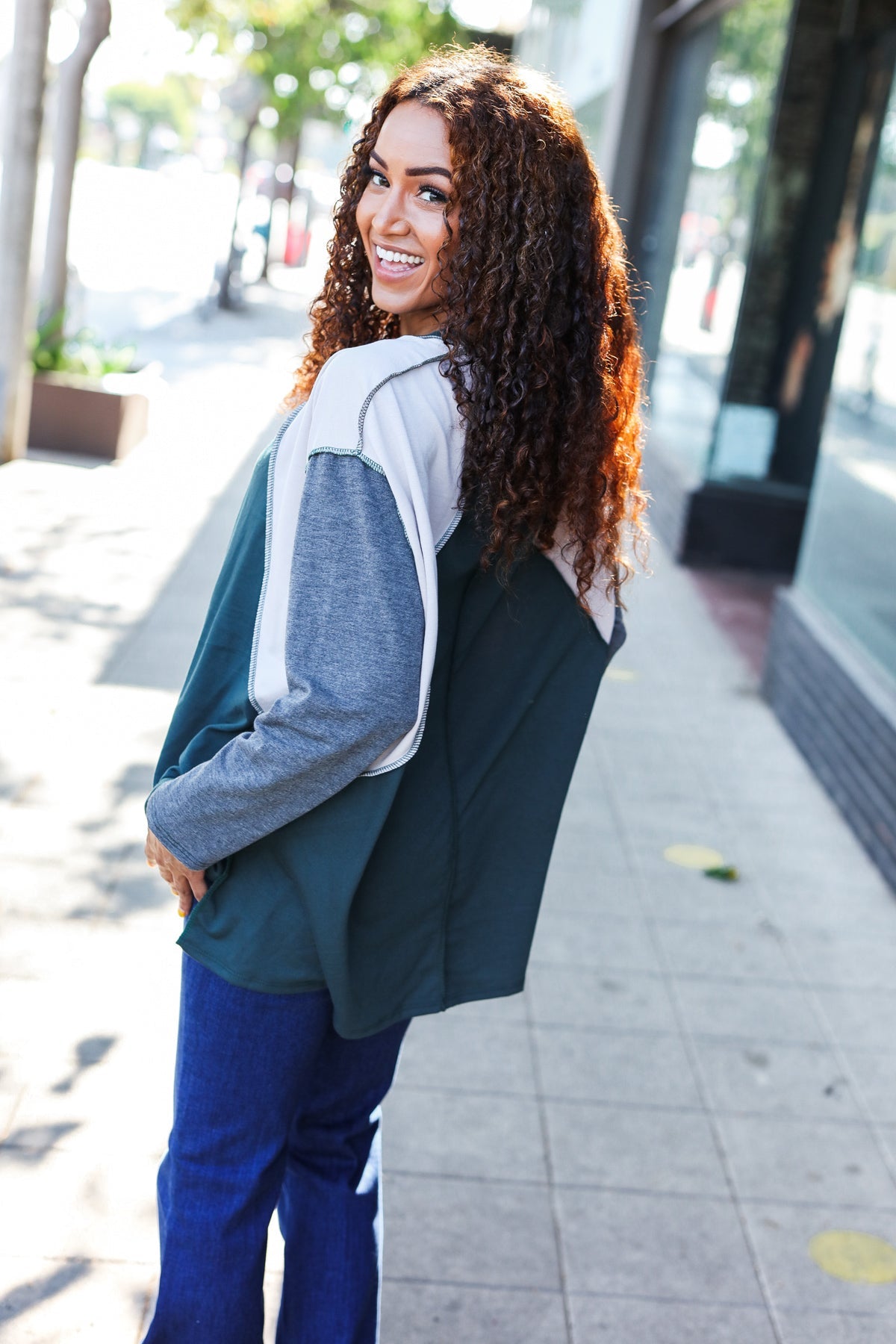 Stand Out Hunter Green V Neck Raglan Color Block Outseam Top - Charming Charlie