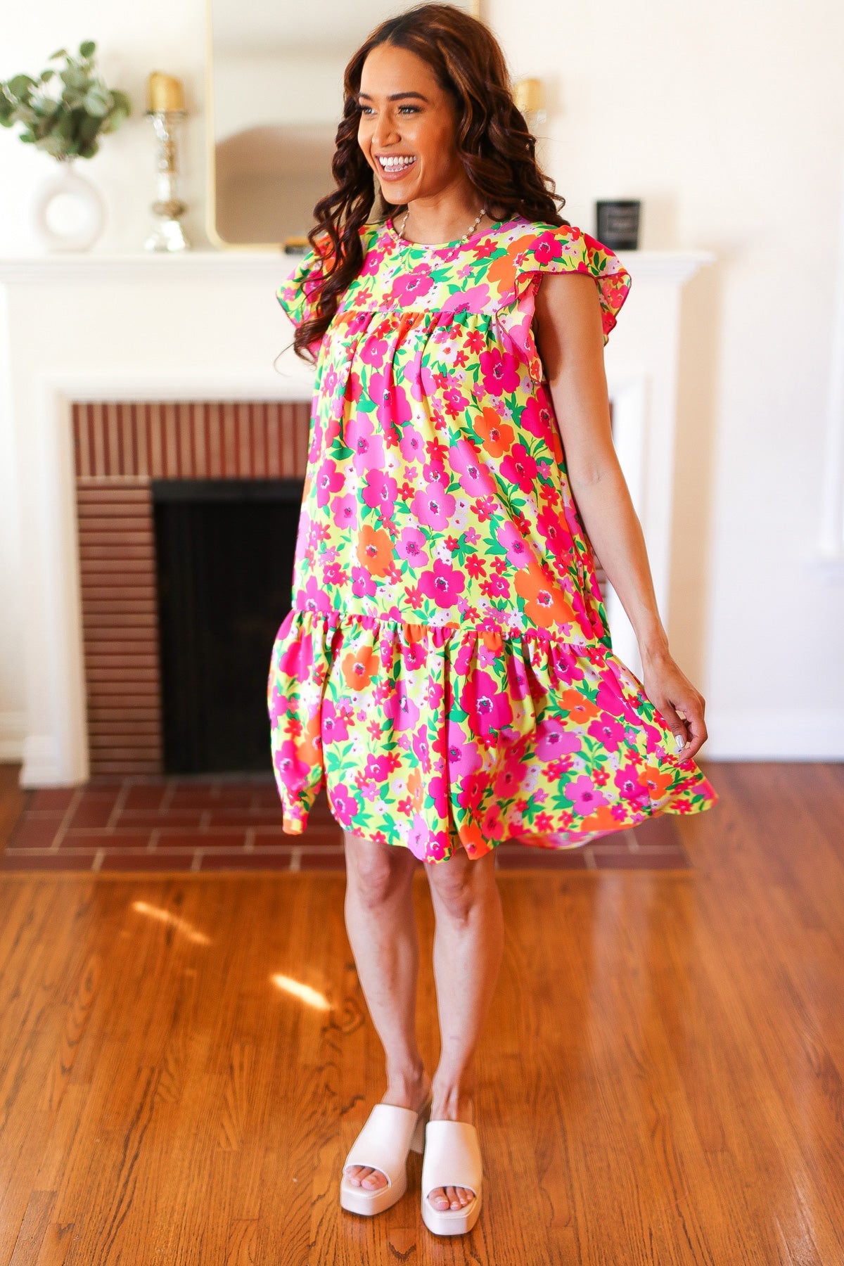 Be Charming Lime & Pink Floral Print Tiered Ruffle Sleeve Dress - Charming Charlie